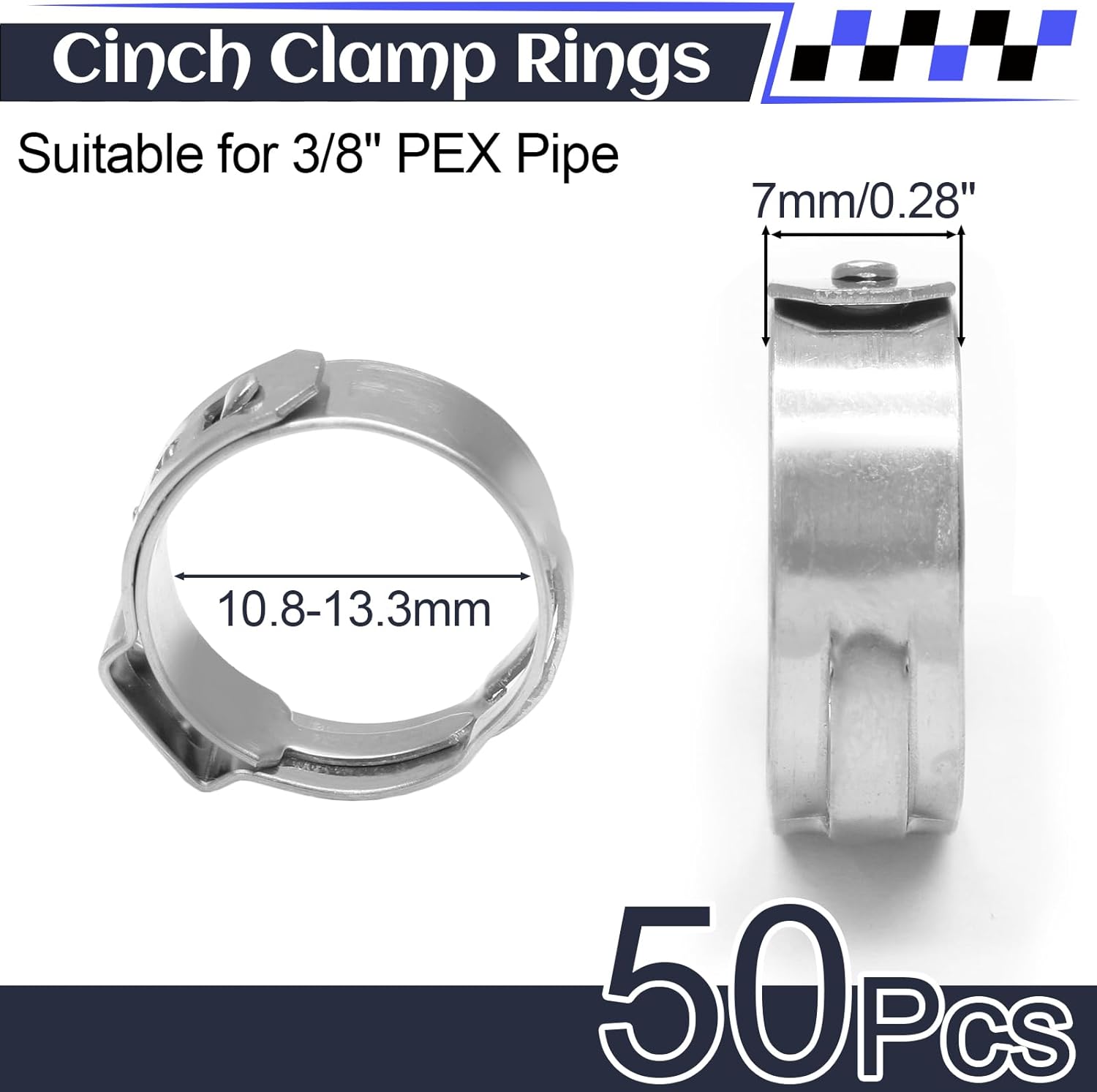 Biaungdo 50 Pcs 3/8 Inch PEX Cinch Clamps Crimp Rings, 304 Stainless Steel PEX Cinch Crimp Rings Pinch Clamps Single Ear Hose Clamp for PEX Tubing Pipe Fittings Connection