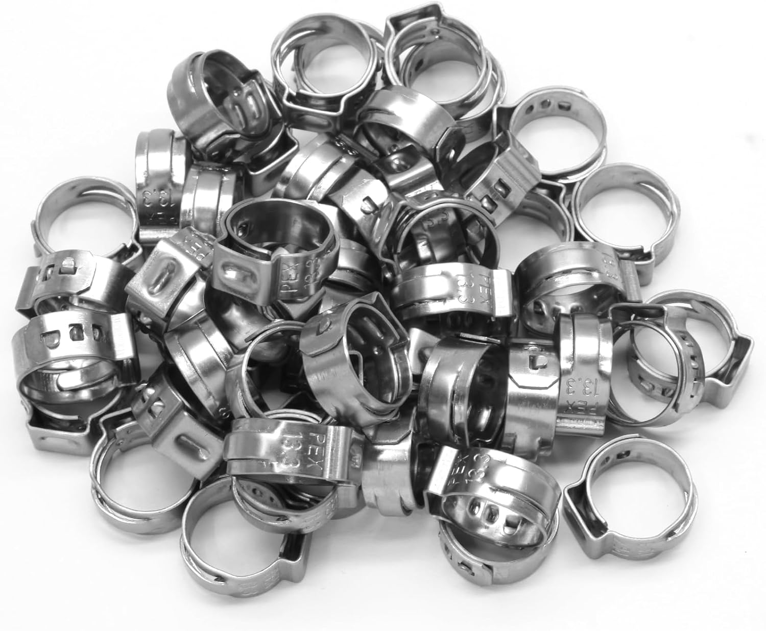 Biaungdo 50 Pcs 3/8 Inch PEX Cinch Clamps Crimp Rings, 304 Stainless Steel PEX Cinch Crimp Rings Pinch Clamps Single Ear Hose Clamp for PEX Tubing Pipe Fittings Connection