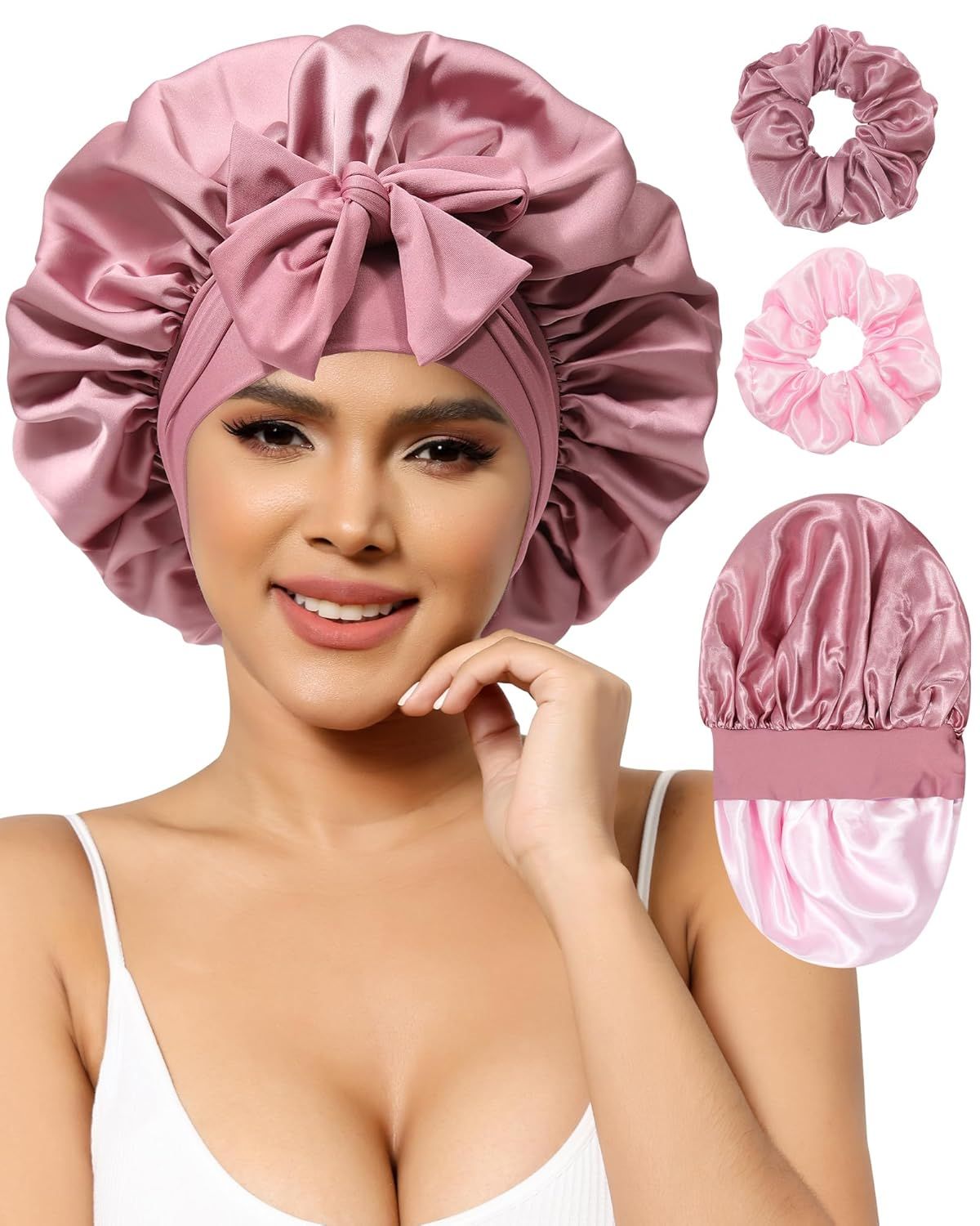 Satin Bonnets Silk Bonnet or Sleeping Women Hair Bonnet or Curly Hair Sleep Cap Reversible Double Layer Bonnets with Tie Band Bean Paste Pink Bonnet + Satin Scrunchies