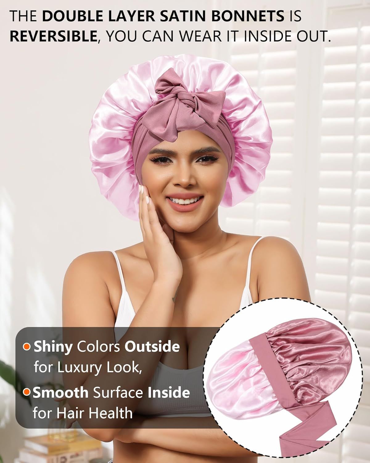 Satin Bonnets Silk Bonnet or Sleeping Women Hair Bonnet or Curly Hair Sleep Cap Reversible Double Layer Bonnets with Tie Band Bean Paste Pink Bonnet + Satin Scrunchies