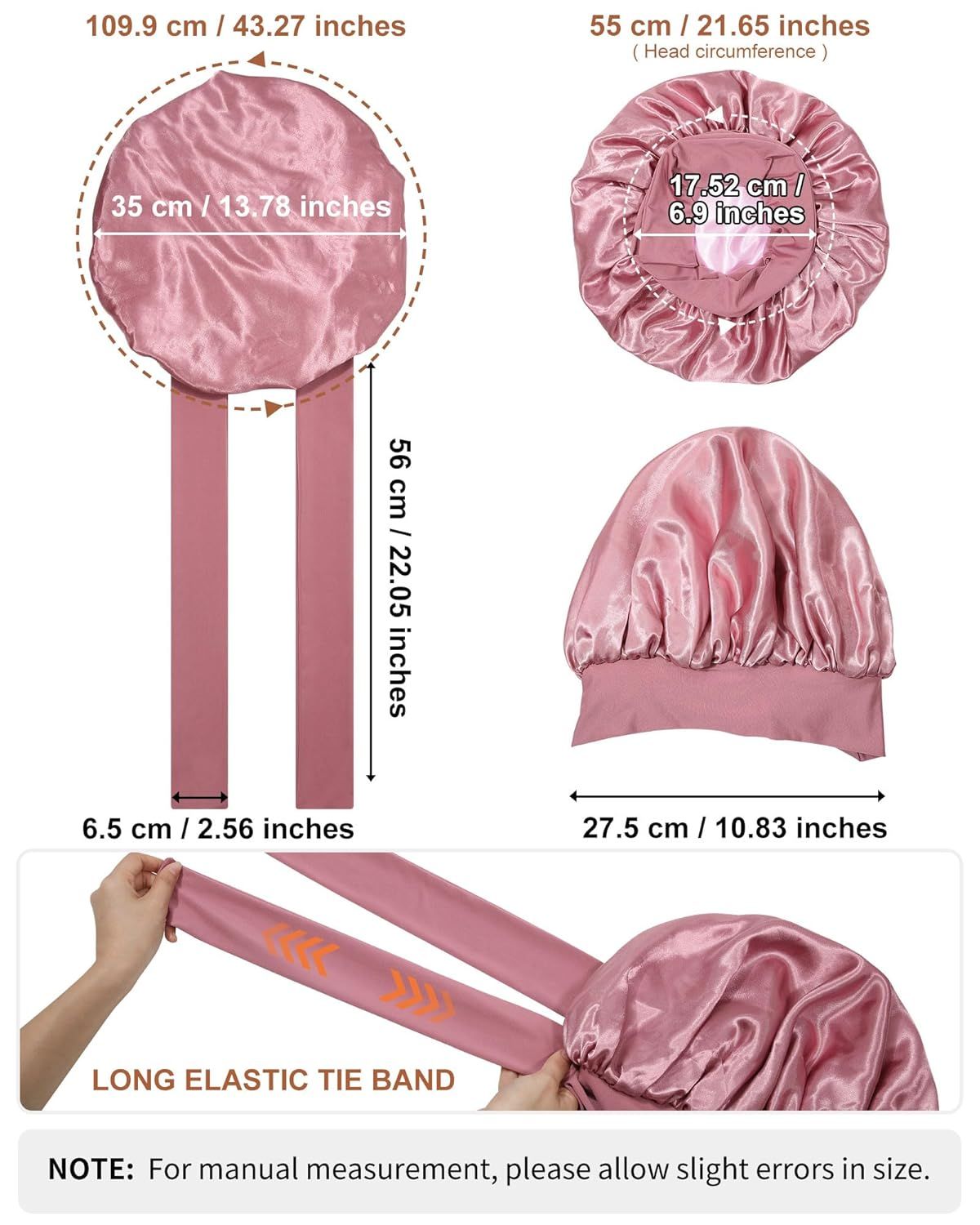 Satin Bonnets Silk Bonnet or Sleeping Women Hair Bonnet or Curly Hair Sleep Cap Reversible Double Layer Bonnets with Tie Band Bean Paste Pink Bonnet + Satin Scrunchies