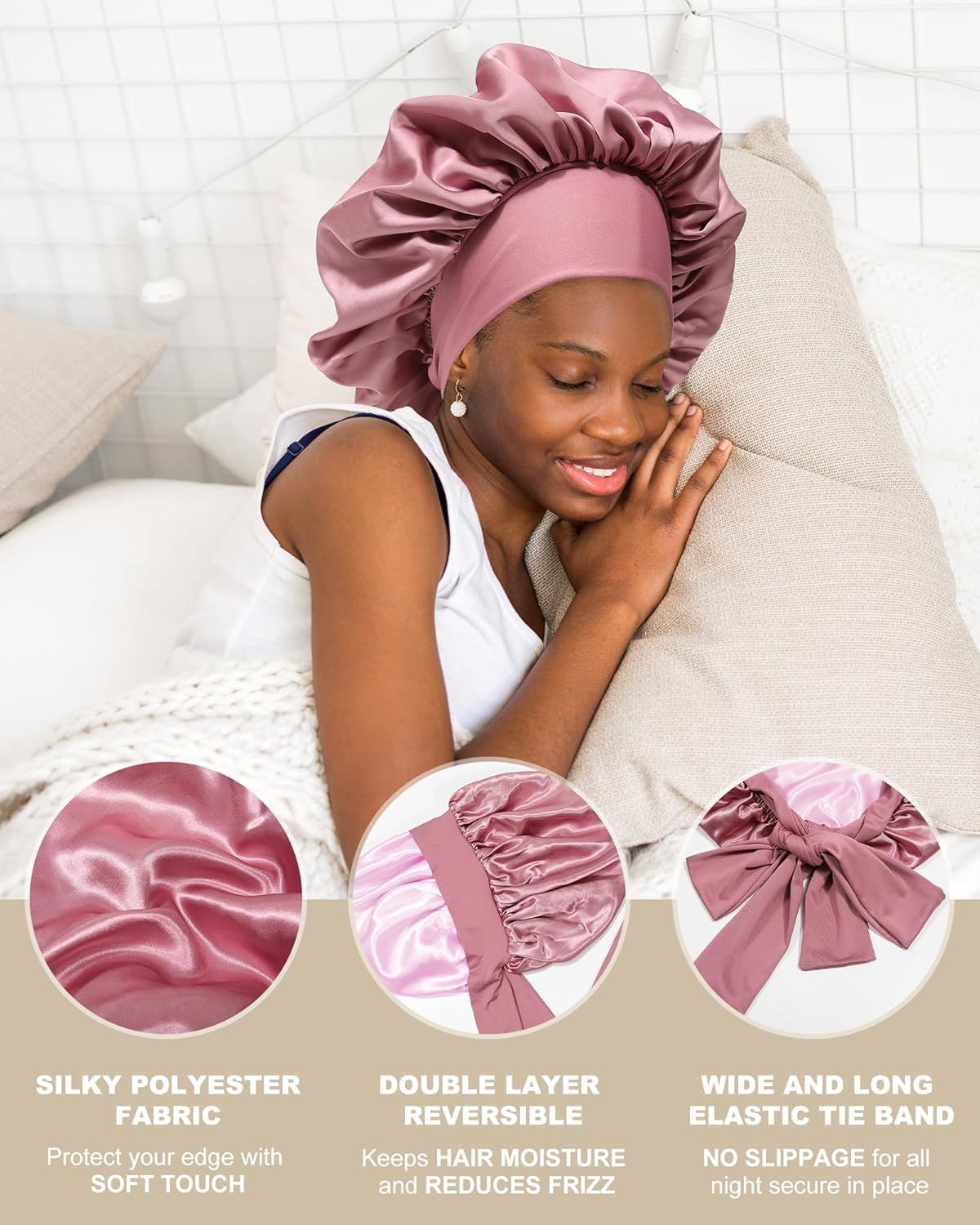 Satin Bonnets Silk Bonnet or Sleeping Women Hair Bonnet or Curly Hair Sleep Cap Reversible Double Layer Bonnets with Tie Band Bean Paste Pink Bonnet + Satin Scrunchies