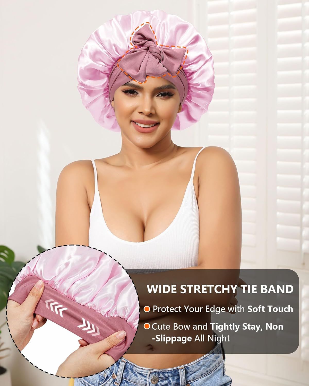 Satin Bonnets Silk Bonnet or Sleeping Women Hair Bonnet or Curly Hair Sleep Cap Reversible Double Layer Bonnets with Tie Band Bean Paste Pink Bonnet + Satin Scrunchies