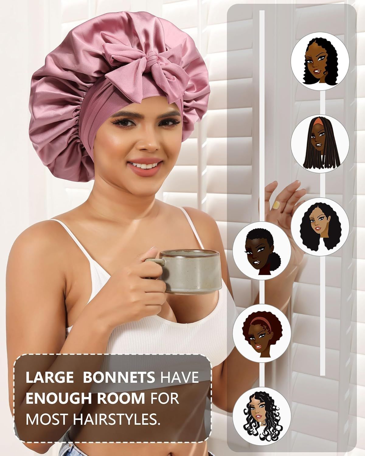Satin Bonnets Silk Bonnet or Sleeping Women Hair Bonnet or Curly Hair Sleep Cap Reversible Double Layer Bonnets with Tie Band Bean Paste Pink Bonnet + Satin Scrunchies