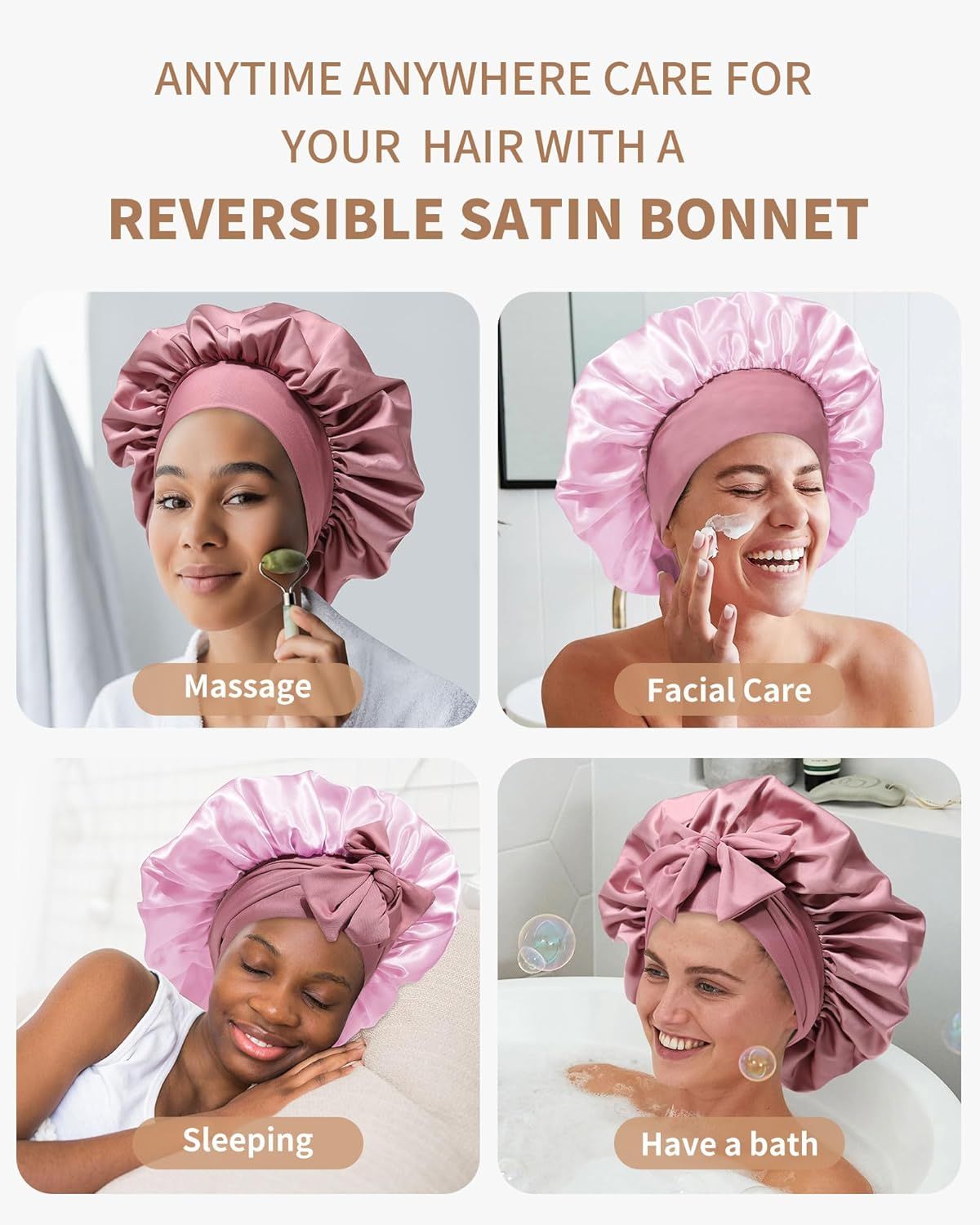 Satin Bonnets Silk Bonnet or Sleeping Women Hair Bonnet or Curly Hair Sleep Cap Reversible Double Layer Bonnets with Tie Band Bean Paste Pink Bonnet + Satin Scrunchies