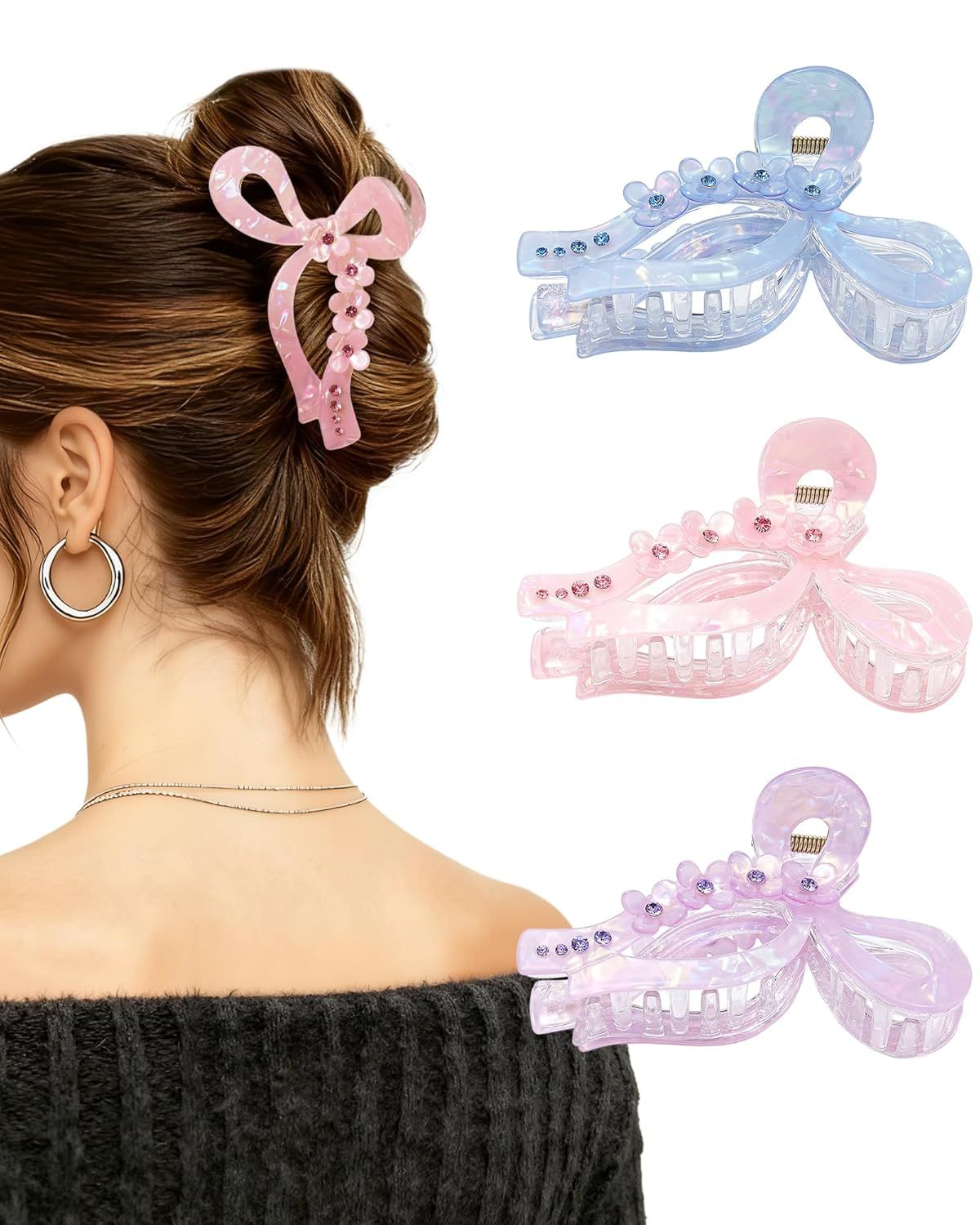 4.3" Acrylic Bow Hair Clips or Women Cute Bow Claw Clip 3PCS Large Hair Claw Clips or Thick or Long Hair Bows Pink + Blue + Purple