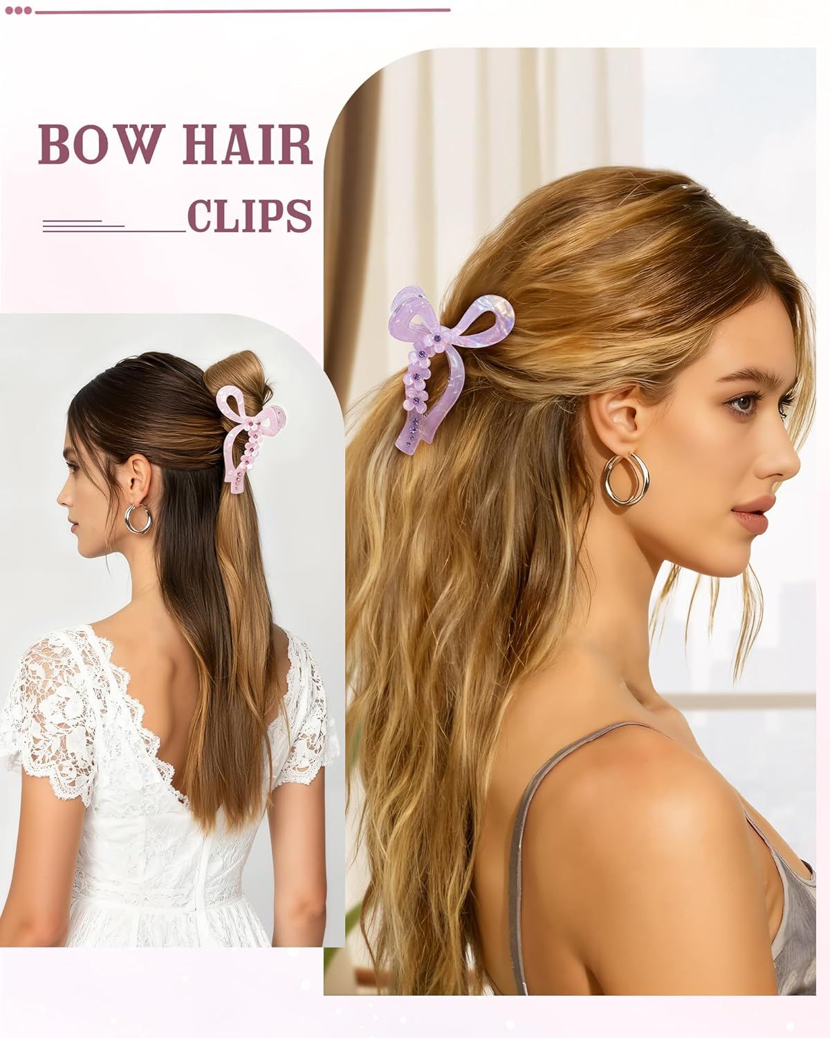 4.3" Acrylic Bow Hair Clips or Women Cute Bow Claw Clip 3PCS Large Hair Claw Clips or Thick or Long Hair Bows Pink + Blue + Purple