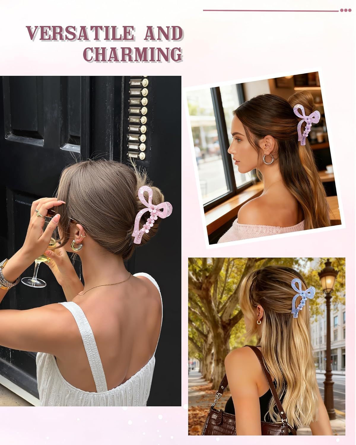 4.3" Acrylic Bow Hair Clips or Women Cute Bow Claw Clip 3PCS Large Hair Claw Clips or Thick or Long Hair Bows Pink + Blue + Purple