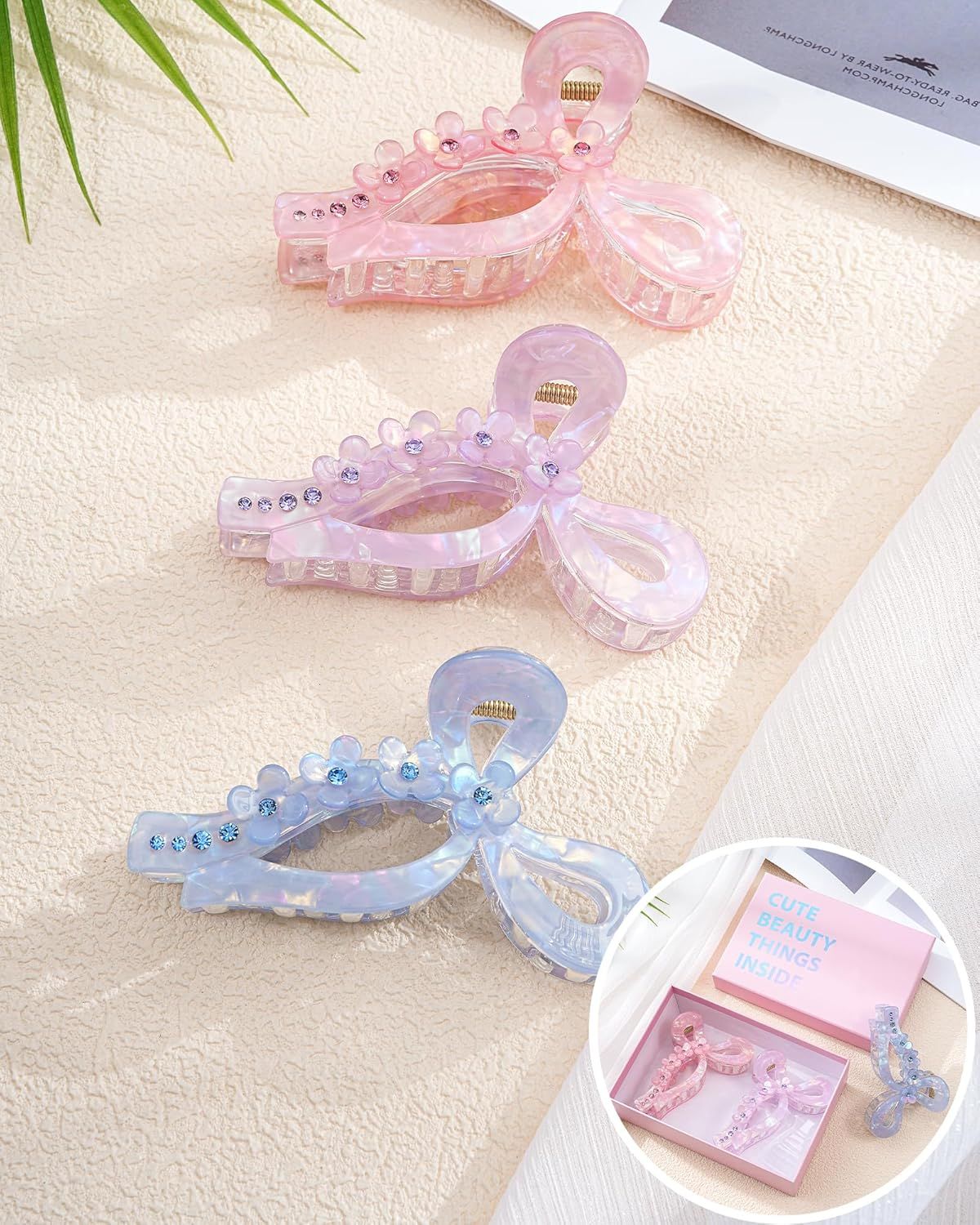 4.3" Acrylic Bow Hair Clips or Women Cute Bow Claw Clip 3PCS Large Hair Claw Clips or Thick or Long Hair Bows Pink + Blue + Purple