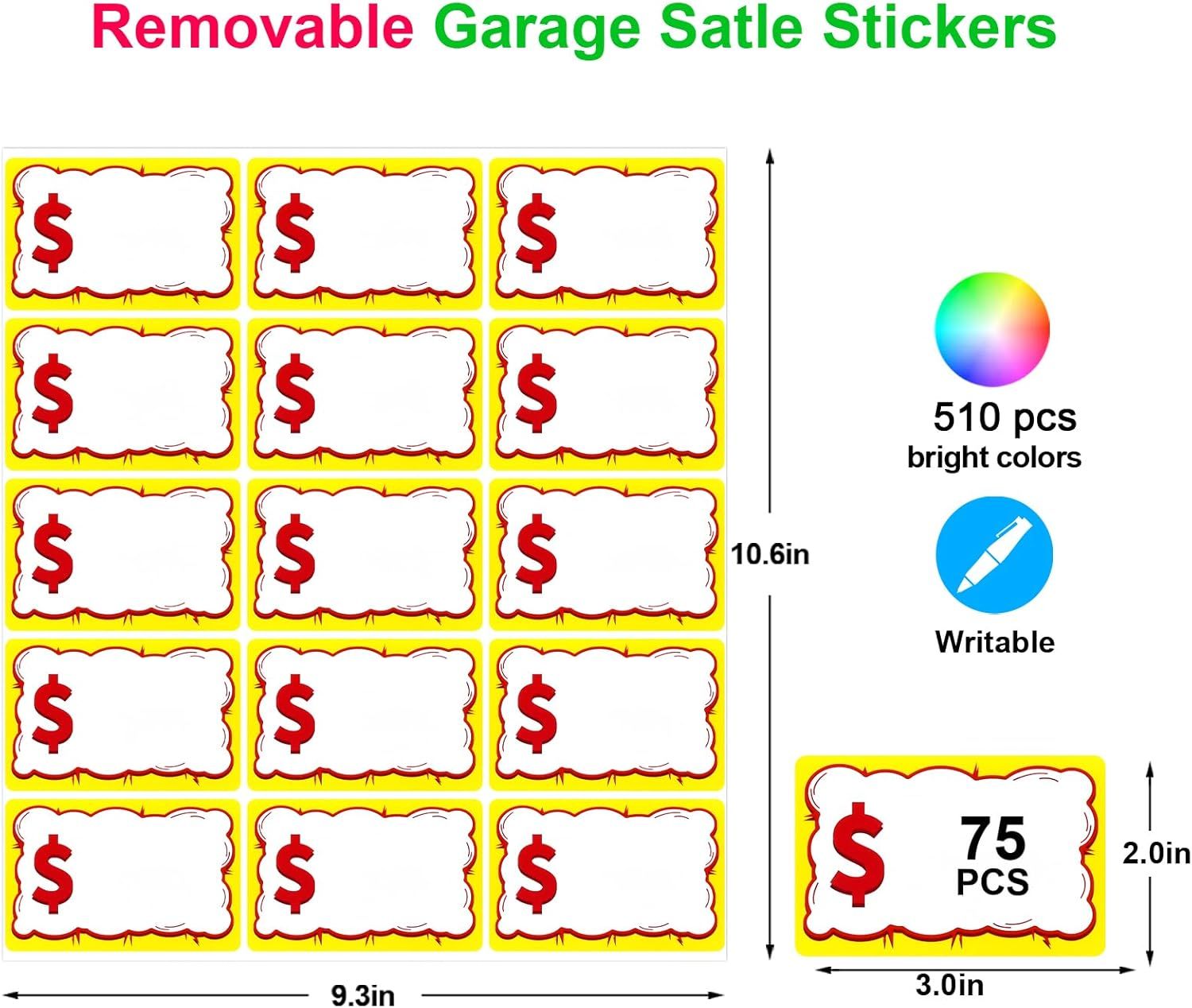 510 PCS Removable Garage Sale Price Stickers, 3"x2" Price stickers or Yard Sales, lea Markets, County airs & Retail Use, Pricemarker Labels, Colours Round Price Tags
