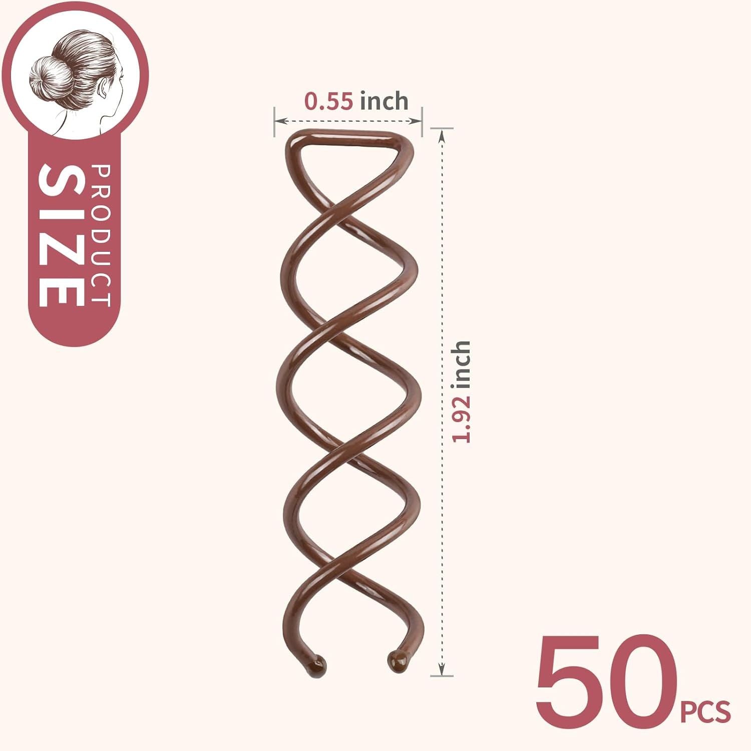 50PC Spiral Hair Pins Set, Spin Pins Spiral Bobby Pins or Girls, Women and Kids, Non-Scratch Round Clip & Bun Twist, Stylish Bun Bobby Pins, Premium Spin Pins or Hair, Brown