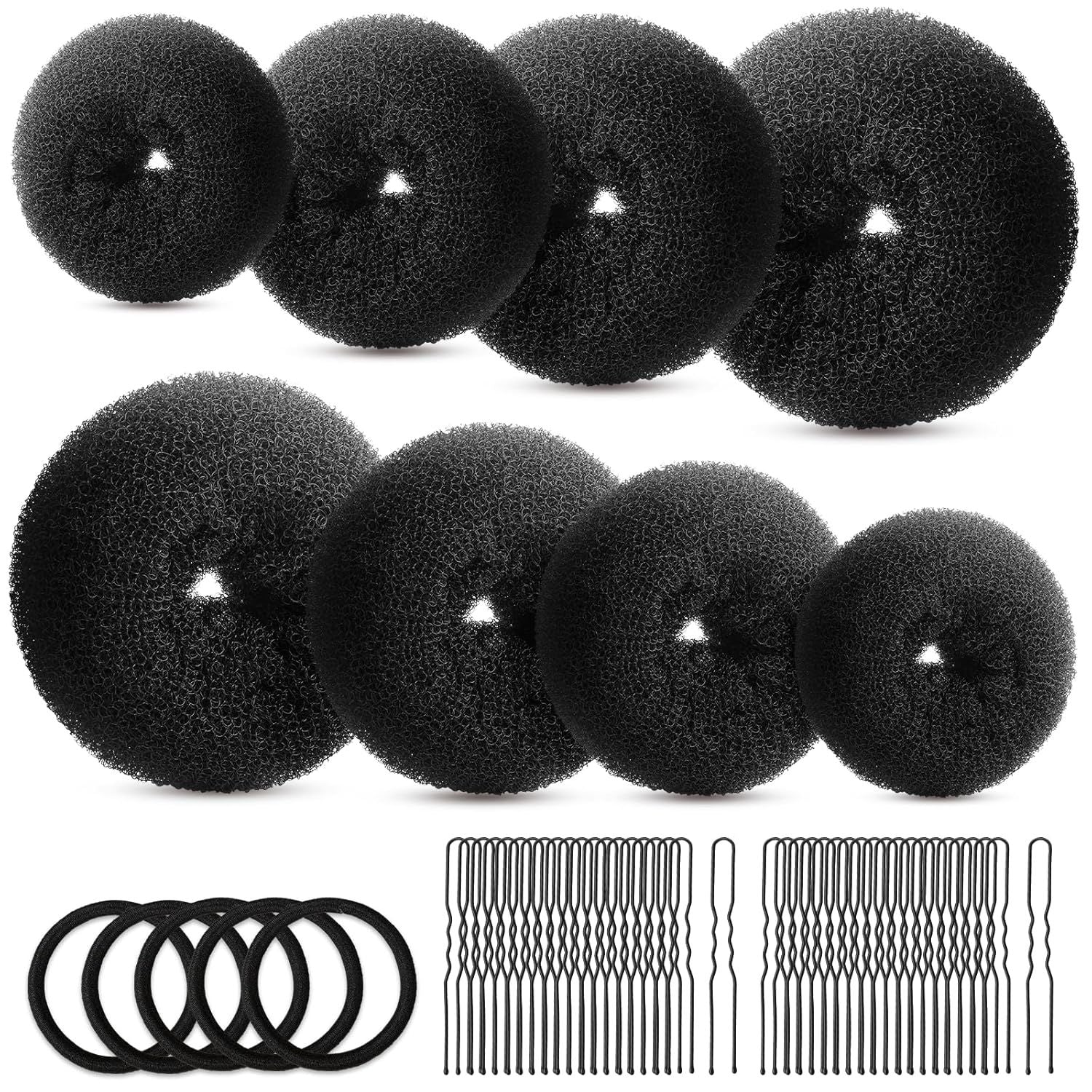 Hair Bun Maker Set- 8 PCS Hair Donuts or Buns 2 Extra-large,2 Large,2 Medium and 2 Small , 40 PCS Bobby Pins, 5 PCS Hair Elastic Ties Black,Bun Maker - Black