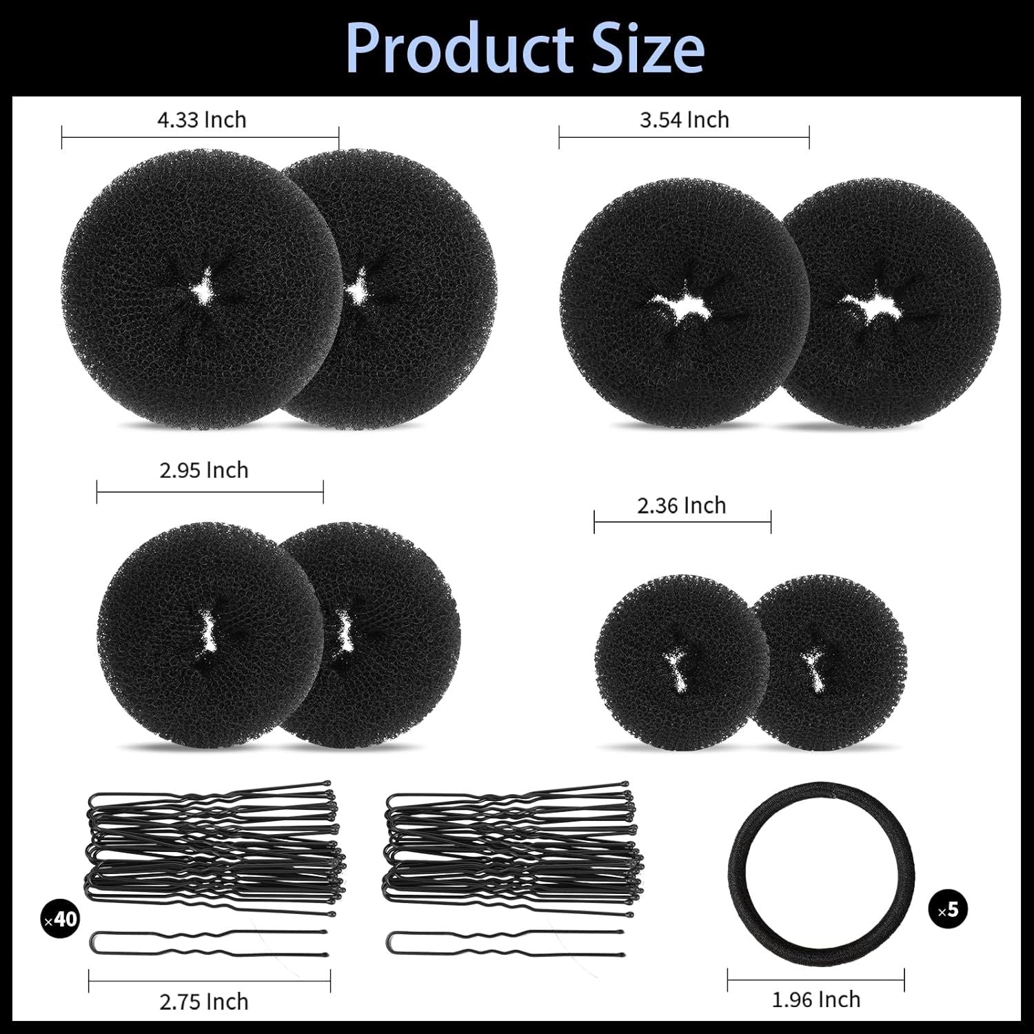 Hair Bun Maker Set- 8 PCS Hair Donuts or Buns 2 Extra-large,2 Large,2 Medium and 2 Small , 40 PCS Bobby Pins, 5 PCS Hair Elastic Ties Black,Bun Maker - Black