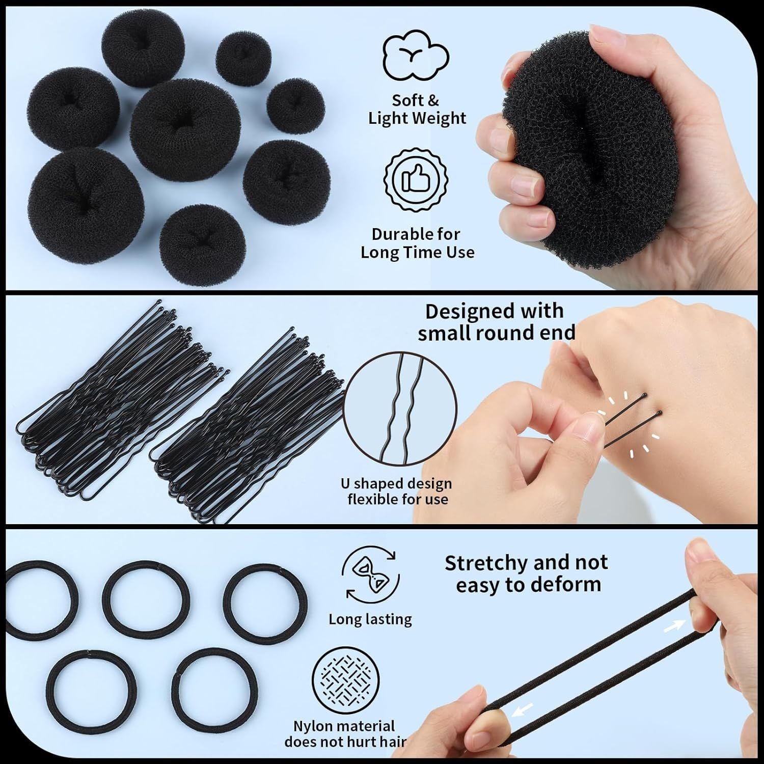 Hair Bun Maker Set- 8 PCS Hair Donuts or Buns 2 Extra-large,2 Large,2 Medium and 2 Small , 40 PCS Bobby Pins, 5 PCS Hair Elastic Ties Black,Bun Maker - Black