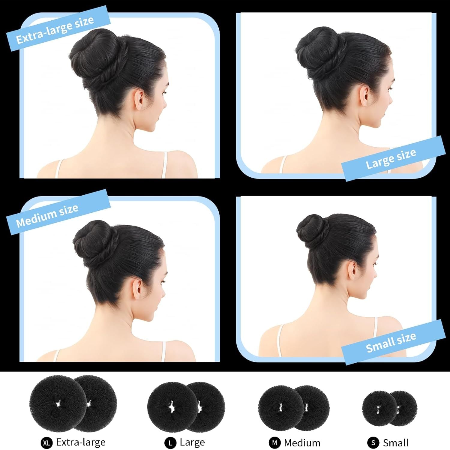 Hair Bun Maker Set- 8 PCS Hair Donuts or Buns 2 Extra-large,2 Large,2 Medium and 2 Small , 40 PCS Bobby Pins, 5 PCS Hair Elastic Ties Black,Bun Maker - Black