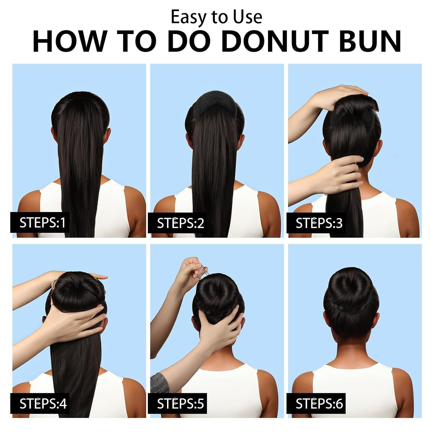 Hair Bun Maker Set- 8 PCS Hair Donuts or Buns 2 Extra-large,2 Large,2 Medium and 2 Small , 40 PCS Bobby Pins, 5 PCS Hair Elastic Ties Black,Bun Maker - Black