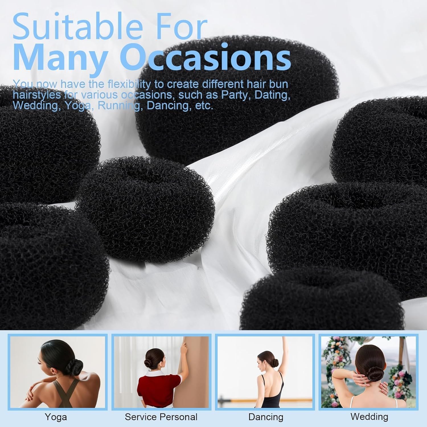 Hair Bun Maker Set- 8 PCS Hair Donuts or Buns 2 Extra-large,2 Large,2 Medium and 2 Small , 40 PCS Bobby Pins, 5 PCS Hair Elastic Ties Black,Bun Maker - Black