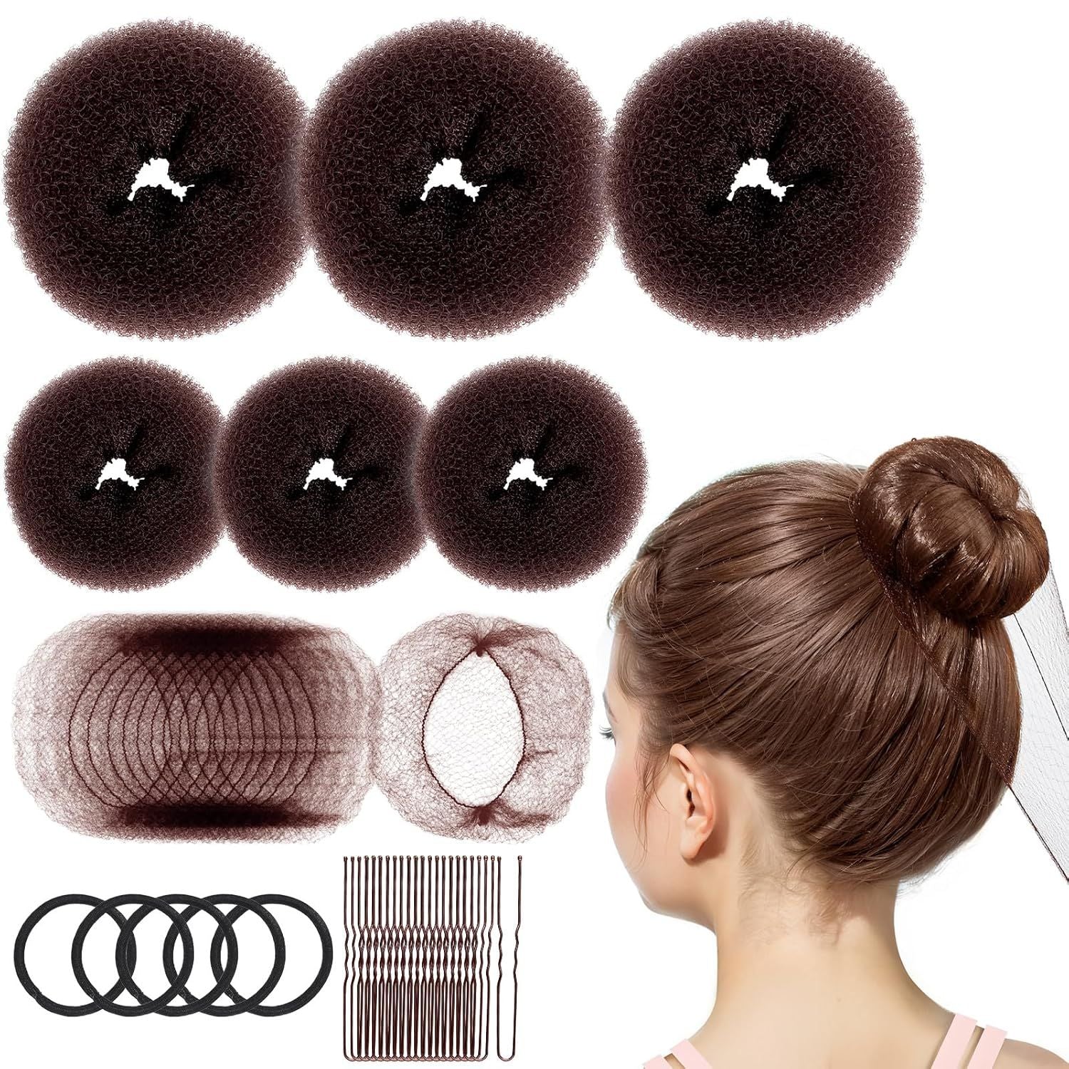 6 PCS Hair Bun Makers or Kids, 10 Invisible Bun Nets or Ballet Girls, 3PCS Extra Small 3PCS Small Donut Buns or Hair Kids, Bun Makers Hair Nets or Buns with 5 Elastics 20 Pins Brown