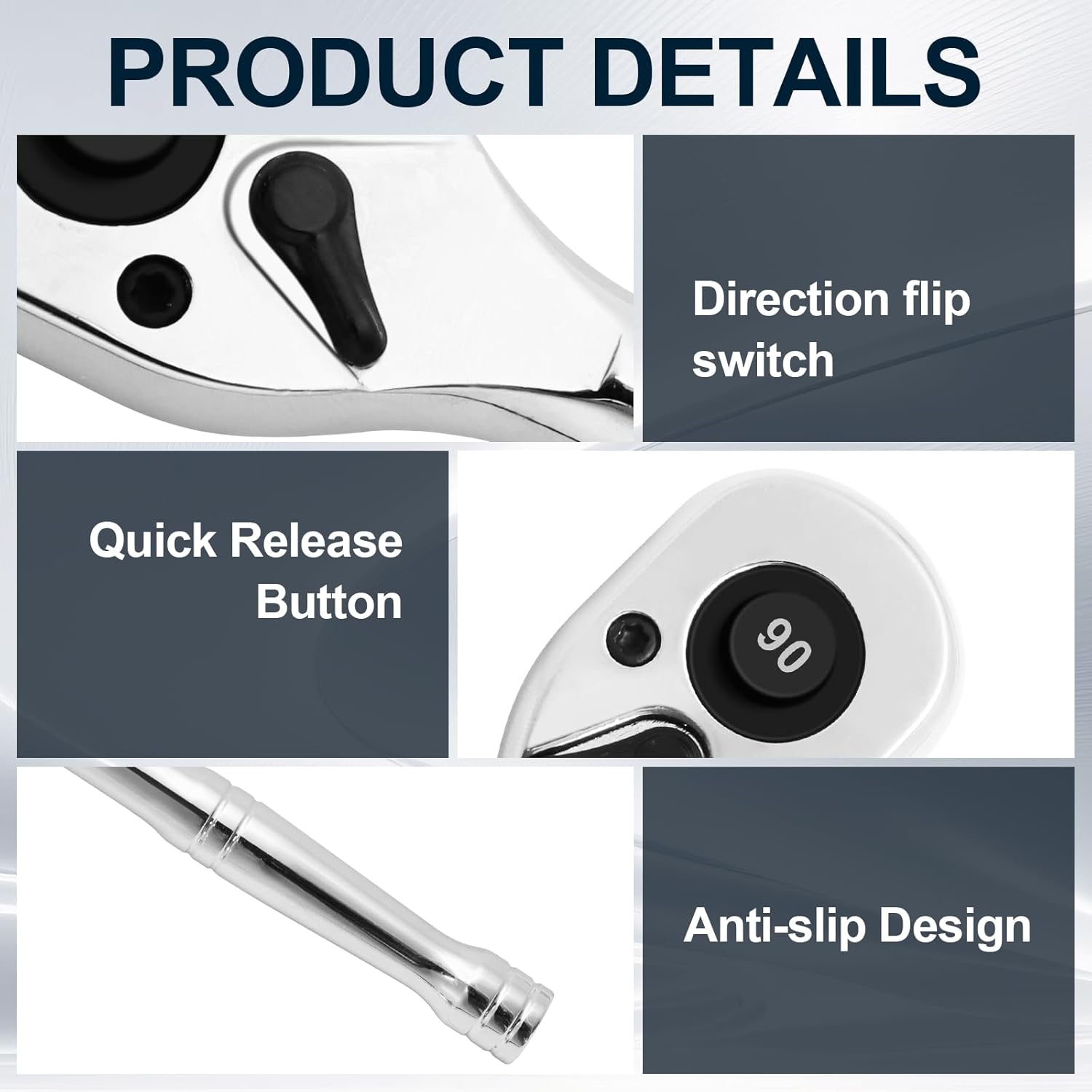 Biaungdo 1/4 Inch Drive Ratchet, 90-Tooth Reversible Quick-release Ratchet Wrench, Chrome Alloy Socket Wrench