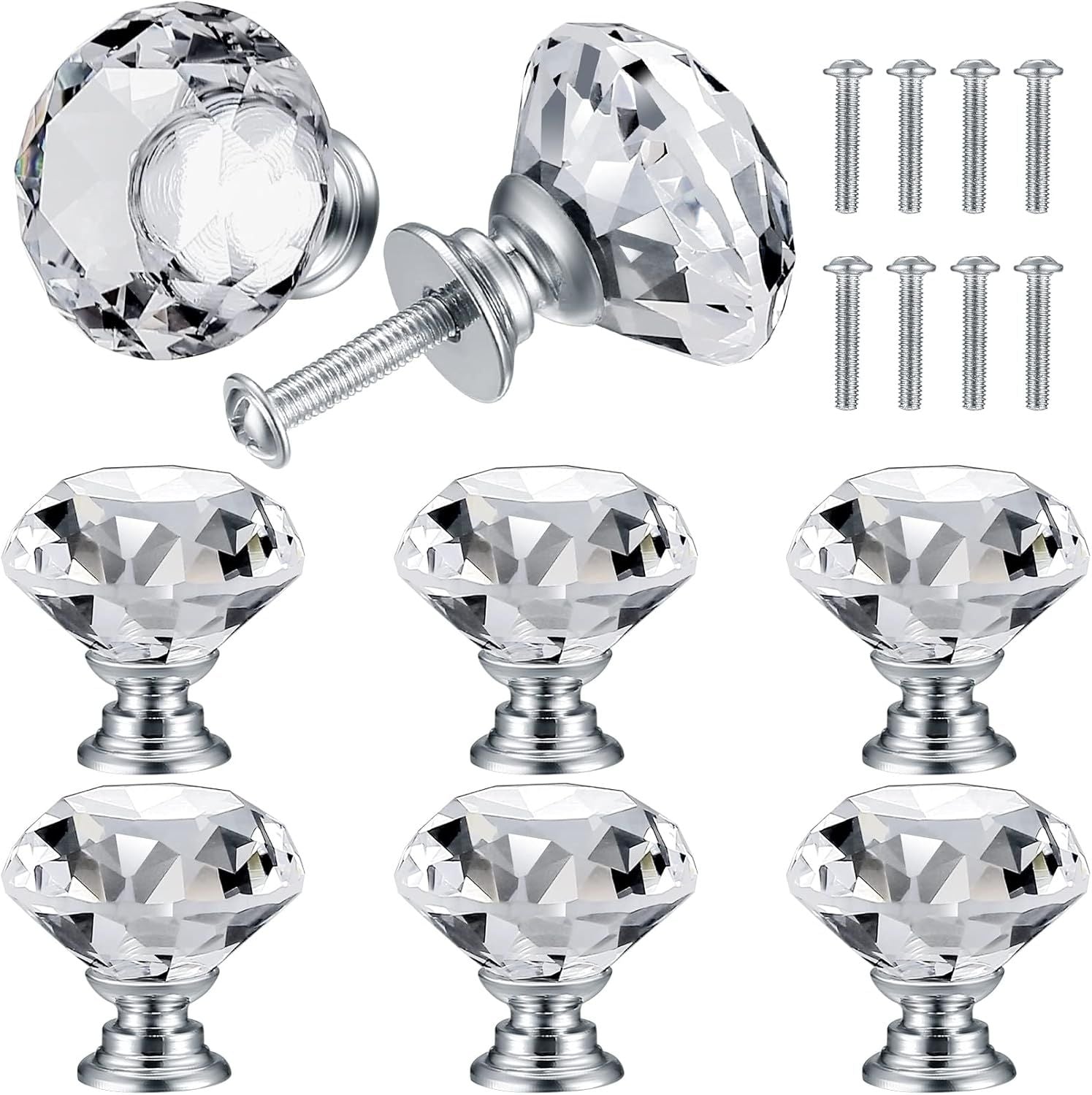 8 Pcs Crystal Cabinet Knobs, Decorative Diamond Shape Crystal Glass Dresser Knobs or Dresser Drawers Cupboard Wardrobe urniture Cabinet Pulls Handles Kitchen Bathroom Bedroom Knob Silver, 30mm