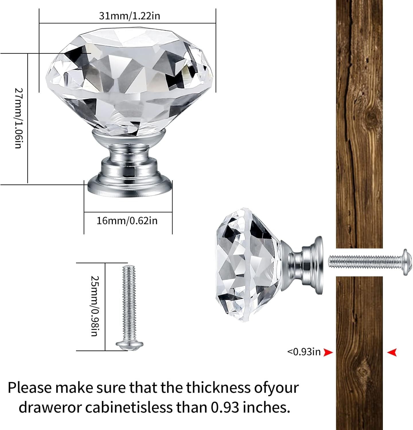 8 Pcs Crystal Cabinet Knobs, Decorative Diamond Shape Crystal Glass Dresser Knobs or Dresser Drawers Cupboard Wardrobe urniture Cabinet Pulls Handles Kitchen Bathroom Bedroom Knob Silver, 30mm