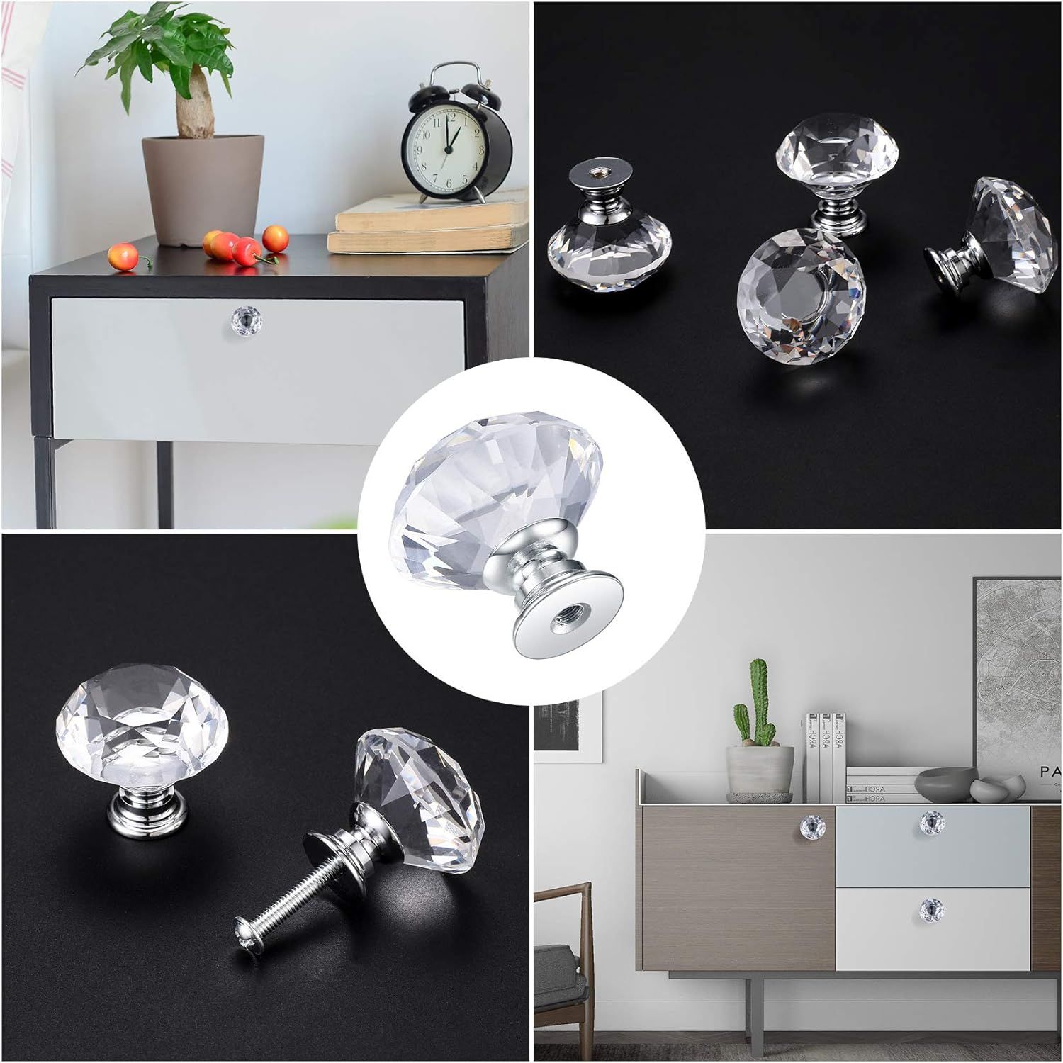8 Pcs Crystal Cabinet Knobs, Decorative Diamond Shape Crystal Glass Dresser Knobs or Dresser Drawers Cupboard Wardrobe urniture Cabinet Pulls Handles Kitchen Bathroom Bedroom Knob Silver, 30mm