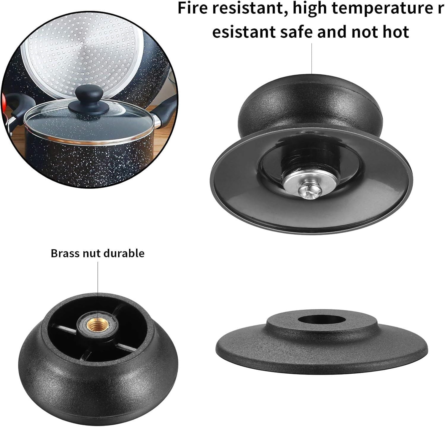 4 Pcs Universal Pot Lid Knobs, Pot Lid Handle Replacement, Pot Cover Knobs, Universal Kitchen Bakelite Top Replacement or Pots and Pans Saucepan Casserole Glass Handles Black