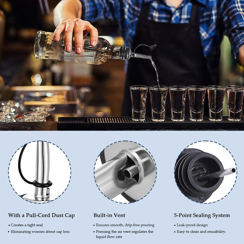 12 Pack Leak-Proo Dust Cap Wine Pourers,Stainless Steel Bottle Pourers or Alcohol, Olive Oil & Syrups- ast, Controlled Pouring,Bar & Home Kitchen Accessories