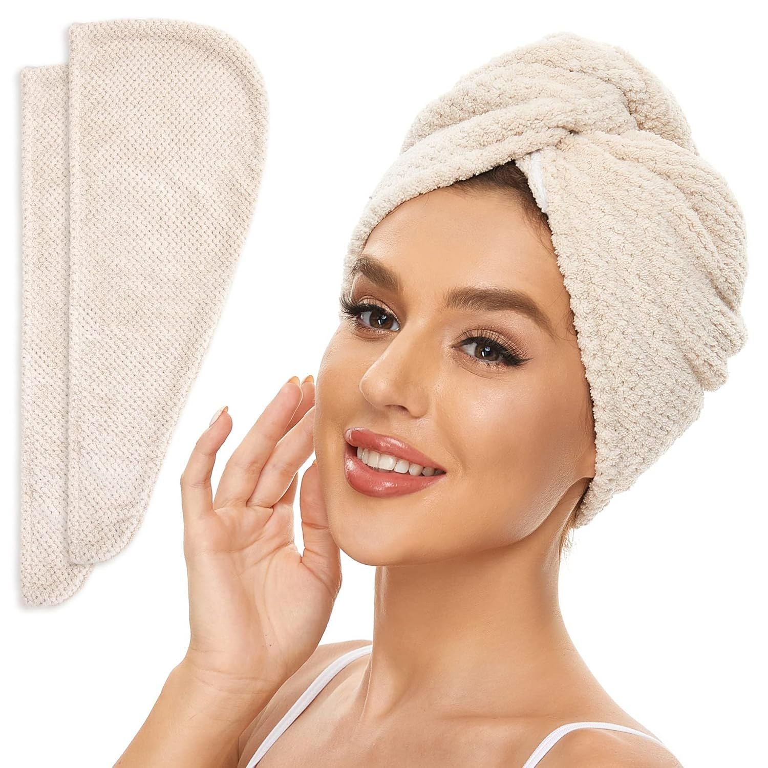 2 Pack Microiber Hair Towel Wrap or Women, Anti rizz Quick Drying Hair Turban or All Hair Style, Absorbent and Lightweight Beige