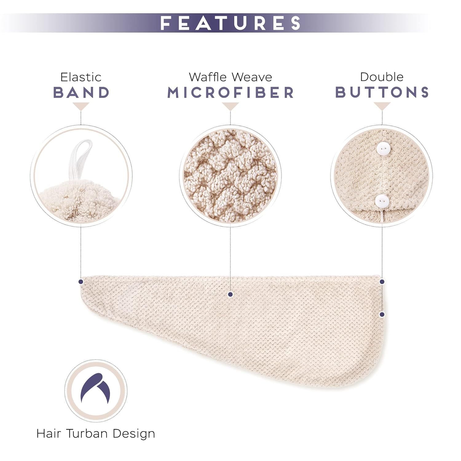 2 Pack Microiber Hair Towel Wrap or Women, Anti rizz Quick Drying Hair Turban or All Hair Style, Absorbent and Lightweight Beige