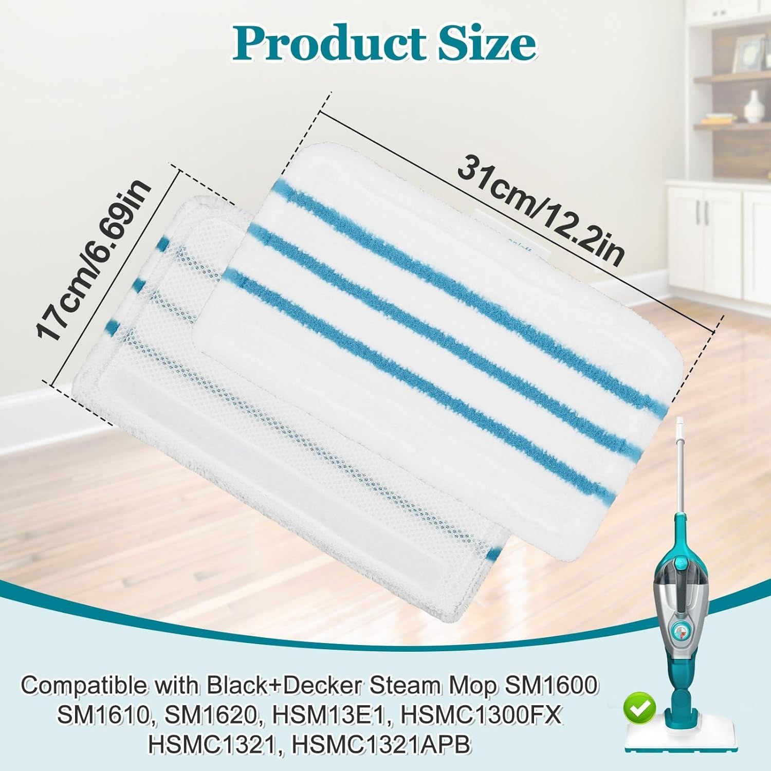 4Pack Steam Mop Pads Replacement or Black+Decker Steam Mop SM1600, SM1610, SM1620, HSM13E1, HSMC1300X, HSMC1321, HSMC1361SG Cleaner Black and Decker Steam Mop Replacement Pads