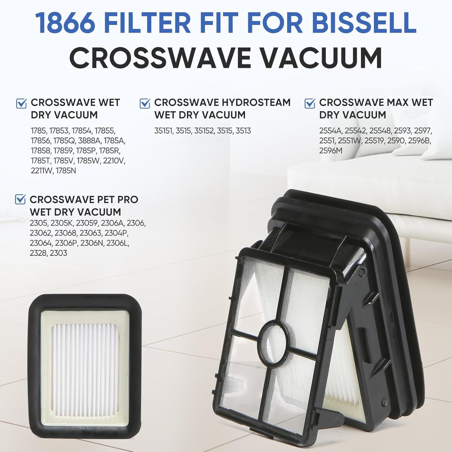 4 Pack 1866 Replacement ilters Compatible with Bissell Crosswave 1785 3888A 2551 & Crosswave Pet Pro 2306 & 2554 2596 CrossWave Cordless Max & Crosswave HydroSteam 35151 3518 Wet Dry Vacuum Cleaner