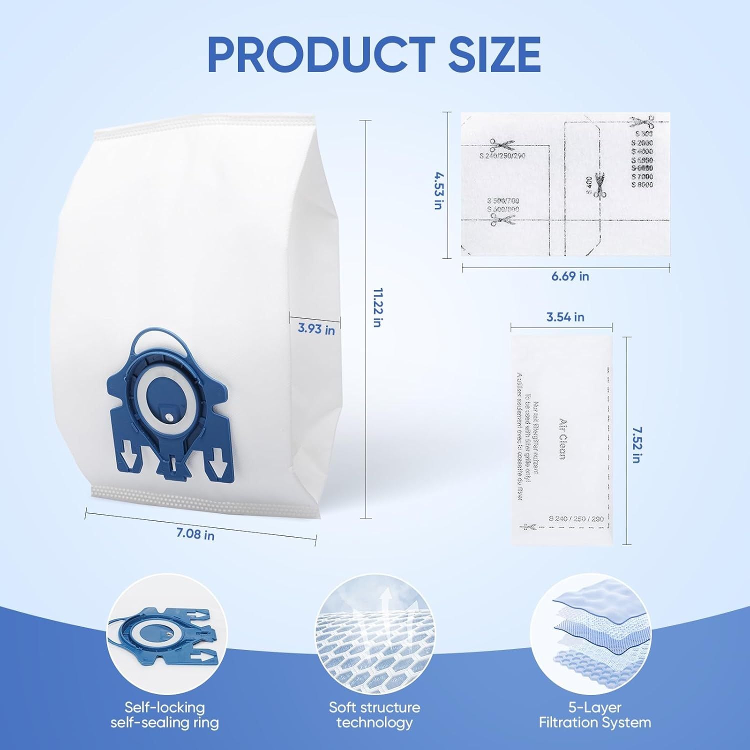 Replacement GN Vacuum Cleaner Bags Compatible with Miele Classic C1,Complete C2, Complete C3, S227/S240, S270,S400,S2,S5,S8 Series Canister Vacuum Cleaner 6 Pack Dust Bags + 2 Set ilters