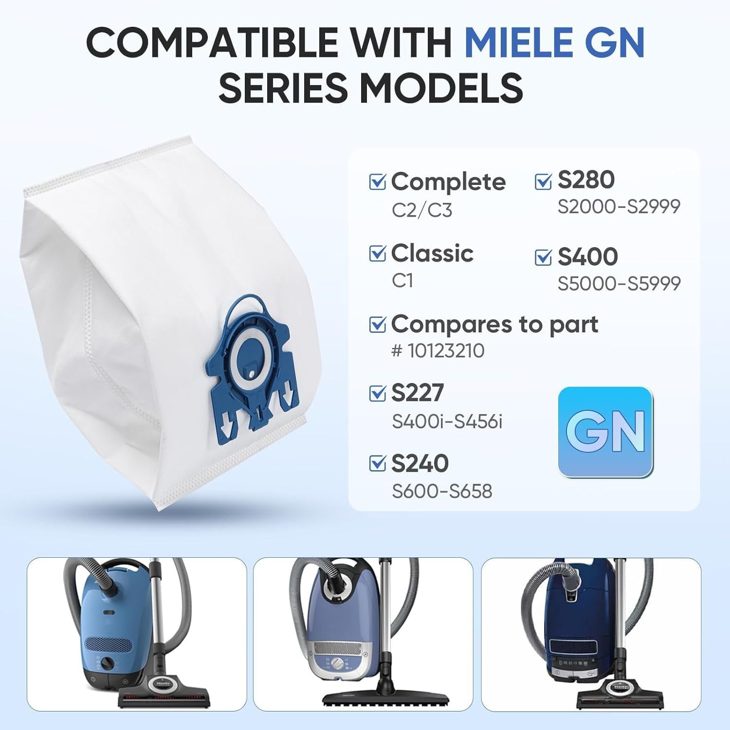 Replacement GN Vacuum Cleaner Bags Compatible with Miele Classic C1,Complete C2, Complete C3, S227/S240, S270,S400,S2,S5,S8 Series Canister Vacuum Cleaner 6 Pack Dust Bags + 2 Set ilters