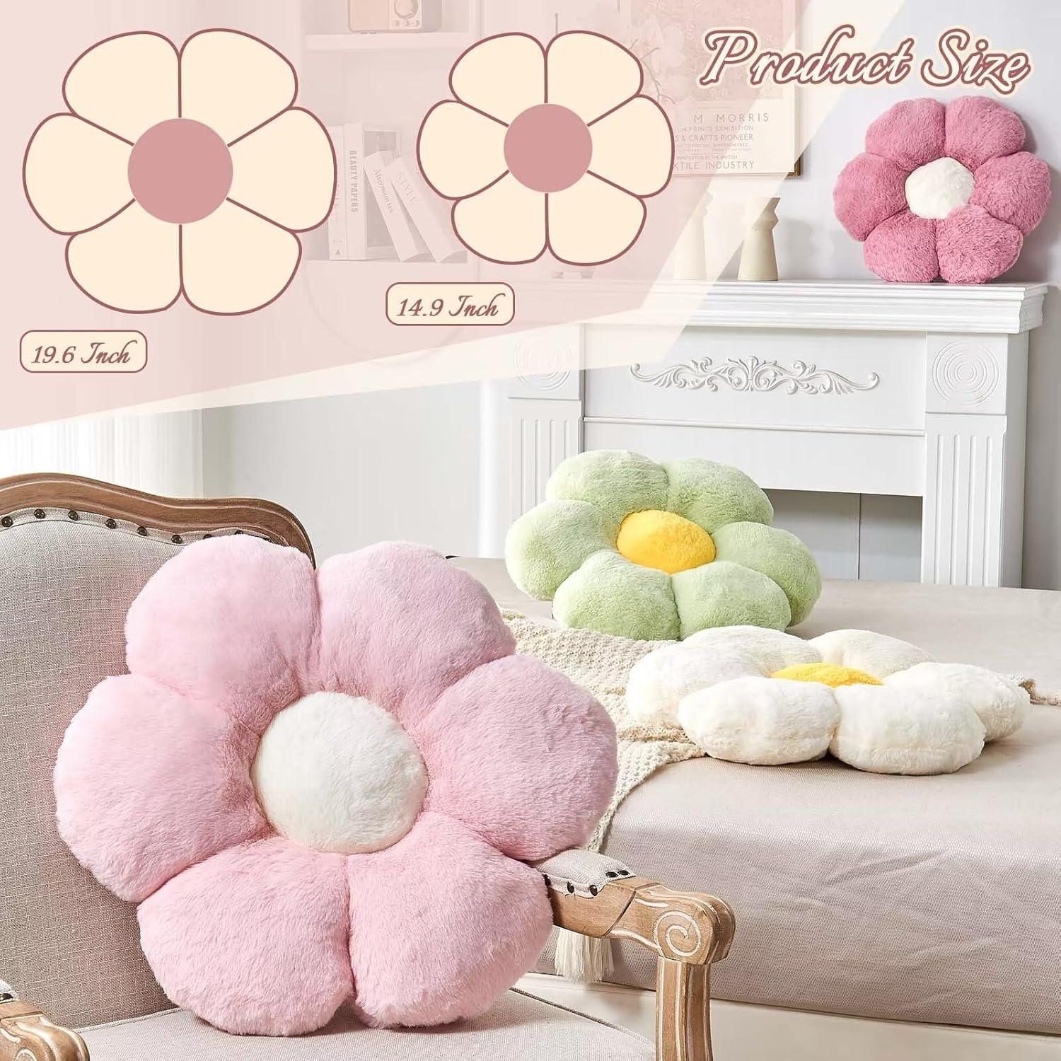 Pink Flower Pillow, Cute Decorative Flower Shaped Throw Pillow with Faux Rabbit Fur, 14.9" Soft Flower Plush Throw Pillow Floor Pillows Room Décor for Bedroom Living Room