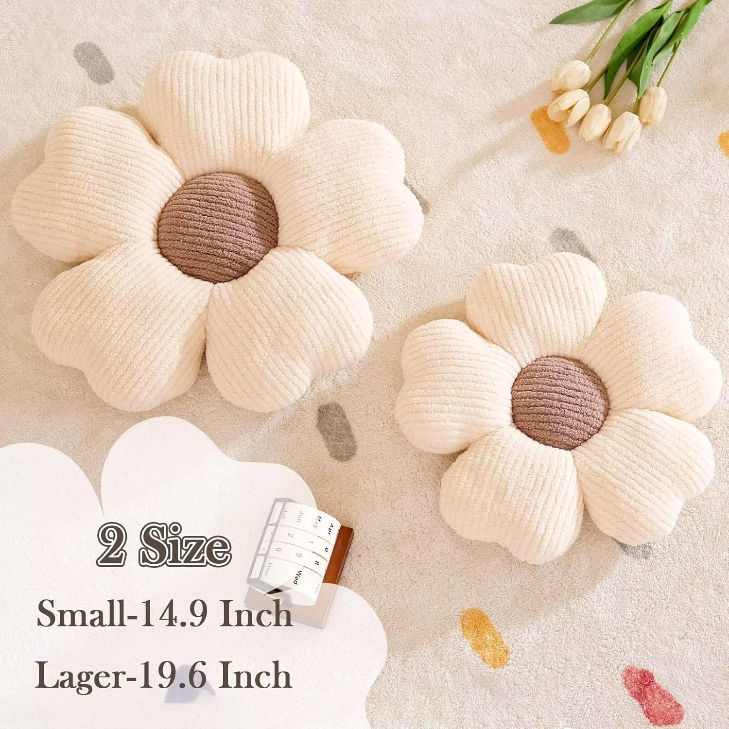 Flower Throw Pillow, Cute Flower Shaped Pillow Decorative Throw Pillow for Bed Couch, Soft Daisy Pillows Floor Seating Cushion Cushions 14.9 Inch Ivory+Brown