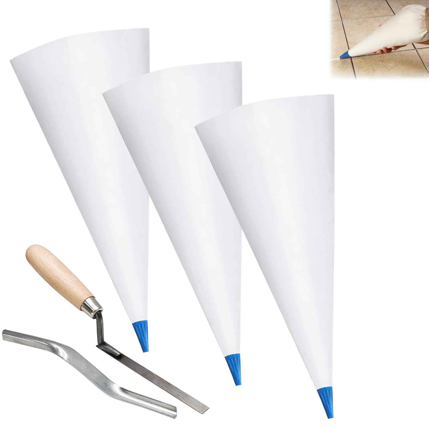 Biaungdo 3 Pack Tile Grout Masonry Mortar Bag & Brick Jointer & Tuck Pointers, Heavy Duty Piping Bags Grout Sealer Bag for Tile Installation Blue