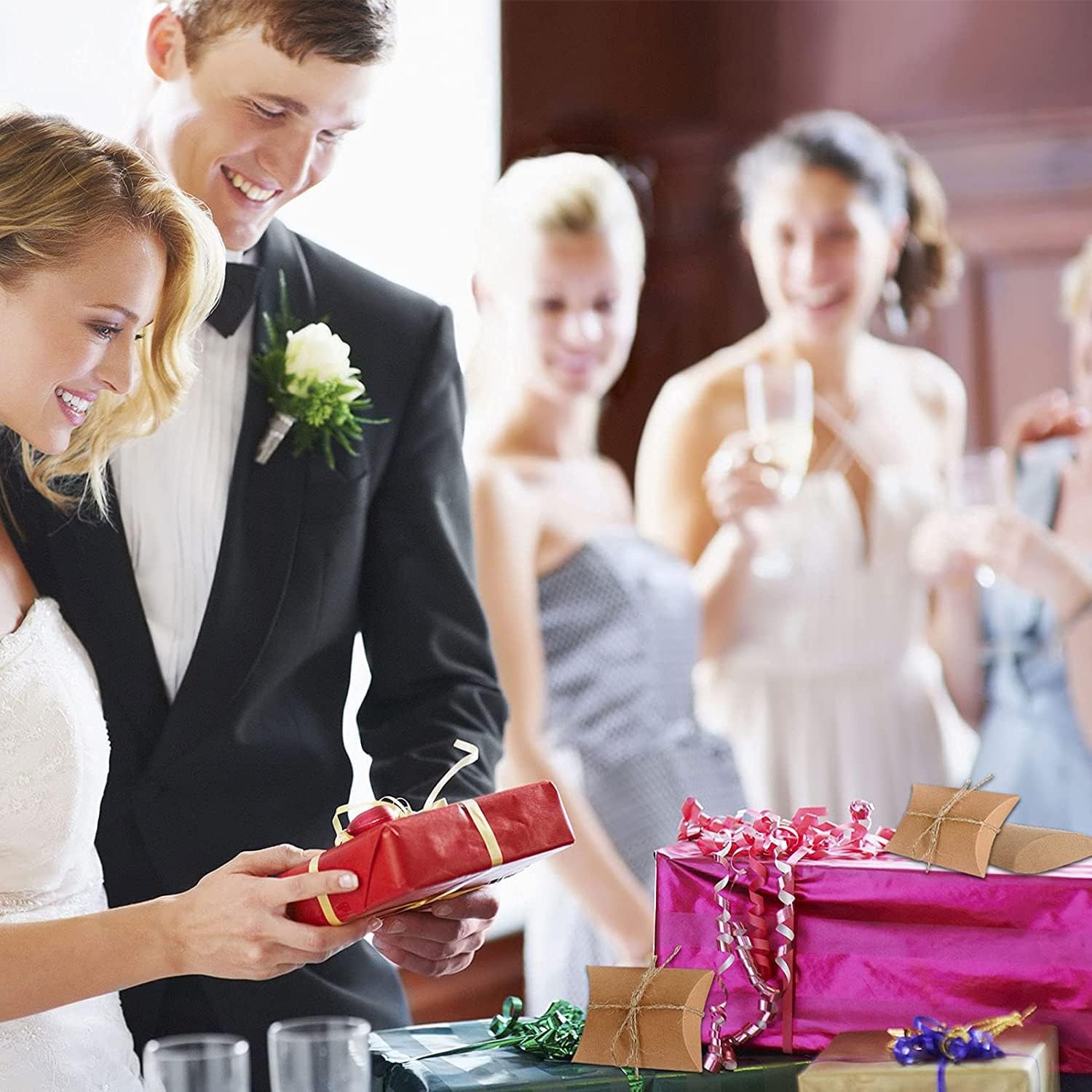 BallHull Kraft Paper Pillow Candy Box, Foldable Gift Box with Jute Rope for Weddings, Parties, Birthdays, Holidays, 60 Pcs