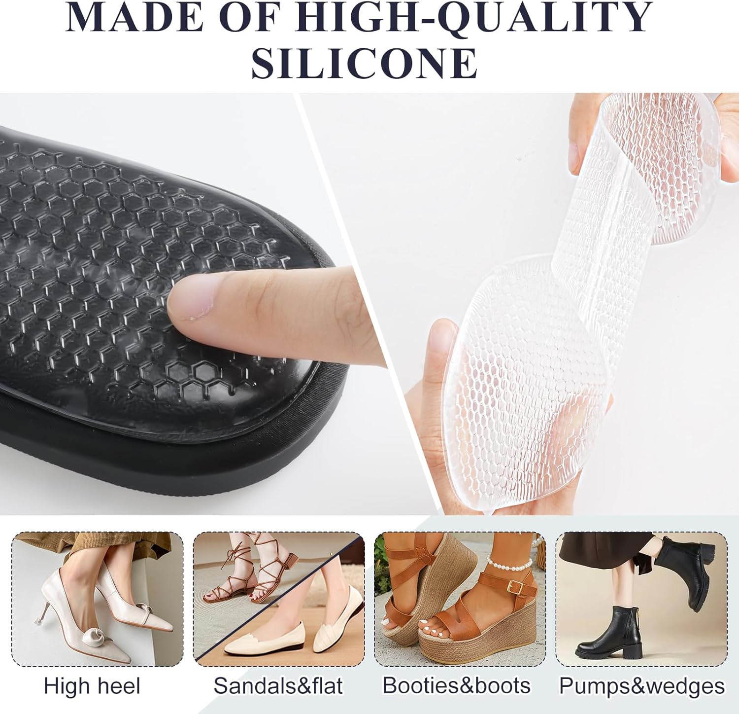 2 Pairs High Heel Inserts Women, Self-Adhesive Gel Sandal Inserts Insoles, New Anti Slip Design Comfort Insert, 3/4 Length Dress Shoe Inserts Pain Relief, Shock & Sweat Absorption, 2 Clear S