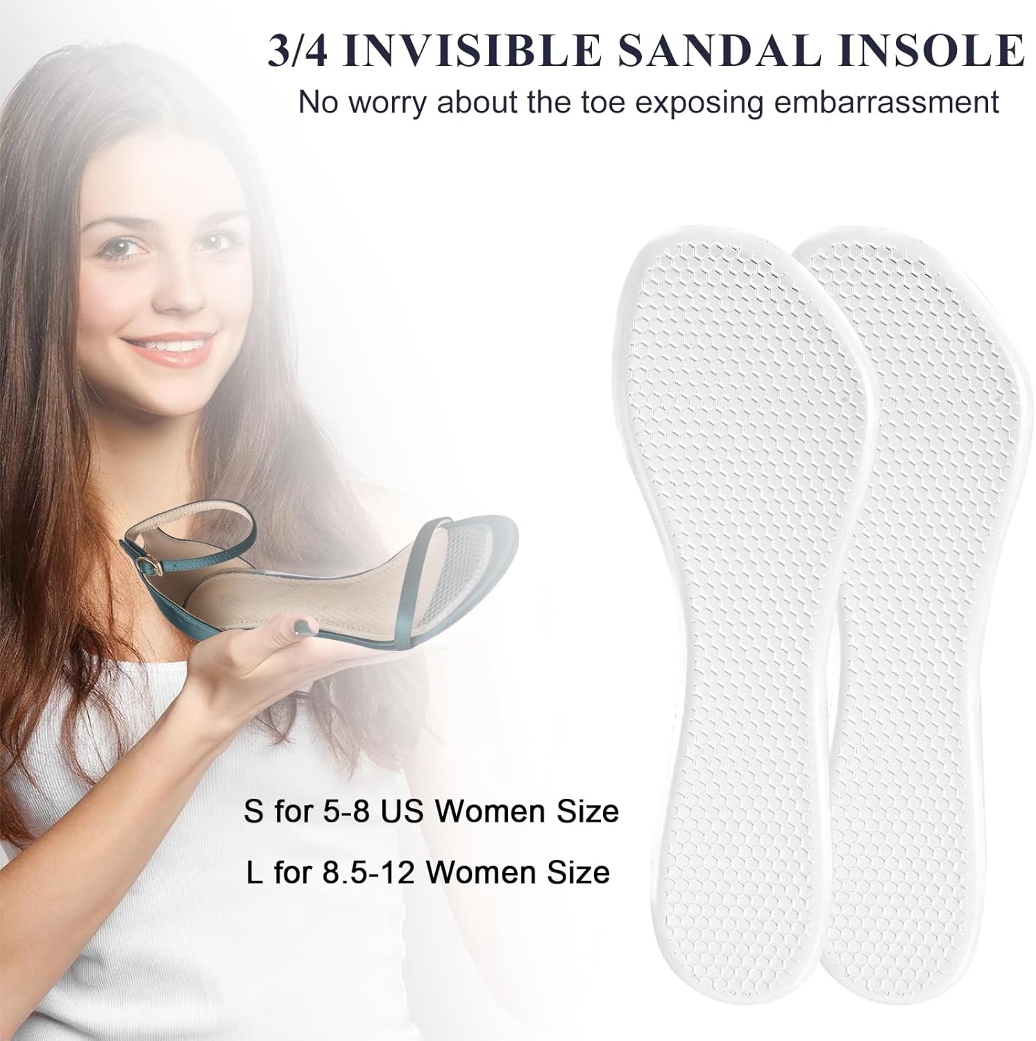 2 Pairs High Heel Inserts Women, Self-Adhesive Gel Sandal Inserts Insoles, New Anti Slip Design Comfort Insert, 3/4 Length Dress Shoe Inserts Pain Relief, Shock & Sweat Absorption, 2 Clear S