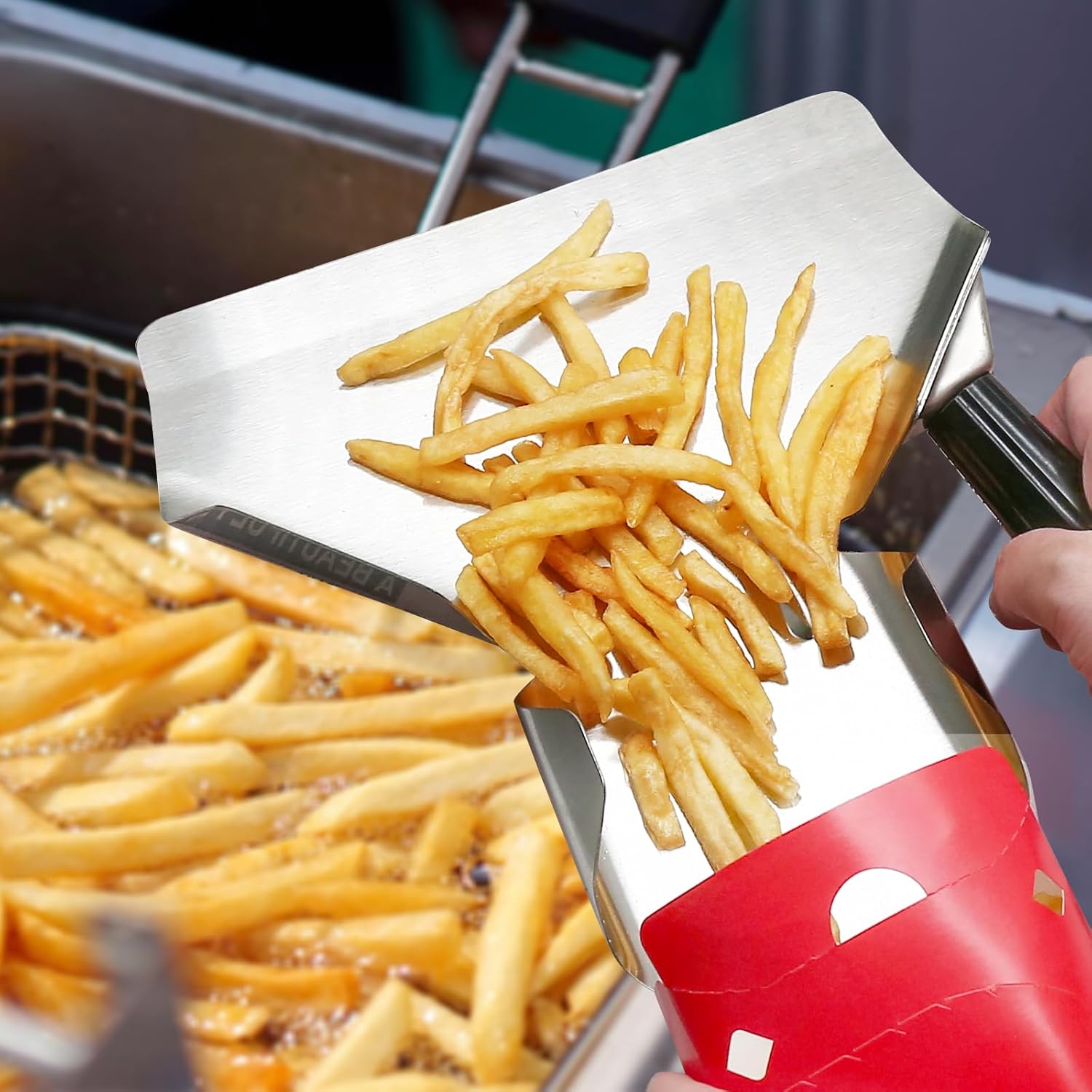Biaungdo Stainless Steel French Fry Popcorn Scoop, Metal Popcorn Scoop, French Fry Bagger, Quick Fill Tool for Bags & Boxes, Multipurpose Scooper for Food, Fries, Snacks, Desserts, Ice Right Handle