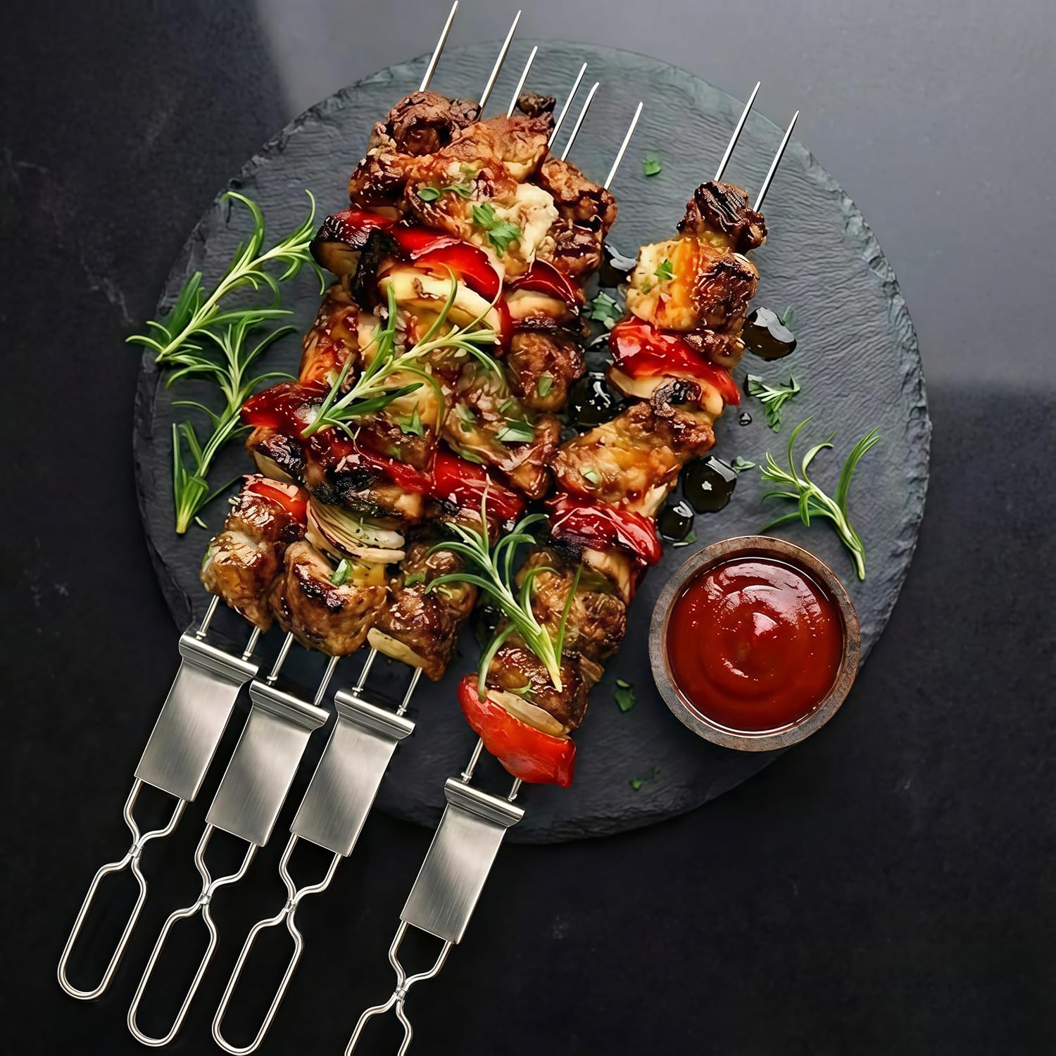 Kabob Skewers for Grilling, 10 Pack 13" Double Pronged with Push Bar, Stainless Steel BBQ Skewers with 2 Brushes, Reusable for Meat, Shrimp, Chicken, Veggie, Perfect for Camping & Family Use.