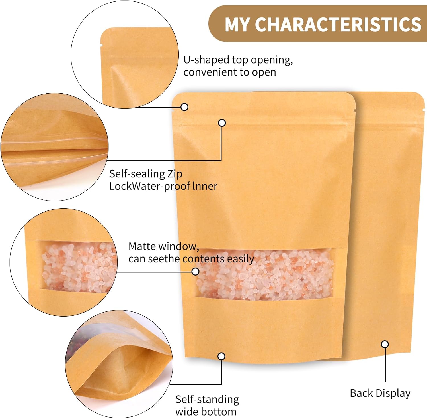 Moretoes 72pcs 5.9x8.6 Inches Kraft Paper Resealable Bags for Small Business, Stand Up Pouches, Food Packaging Bags with Window, Ziplock Coffee Pouches for Small Business