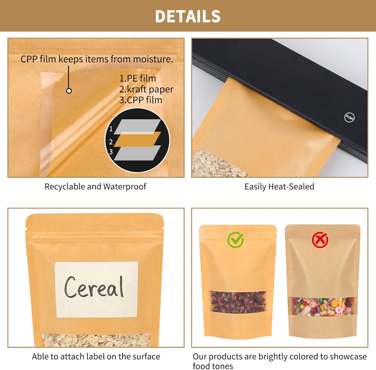 Moretoes 72pcs 5.9x8.6 Inches Kraft Paper Resealable Bags for Small Business, Stand Up Pouches, Food Packaging Bags with Window, Ziplock Coffee Pouches for Small Business
