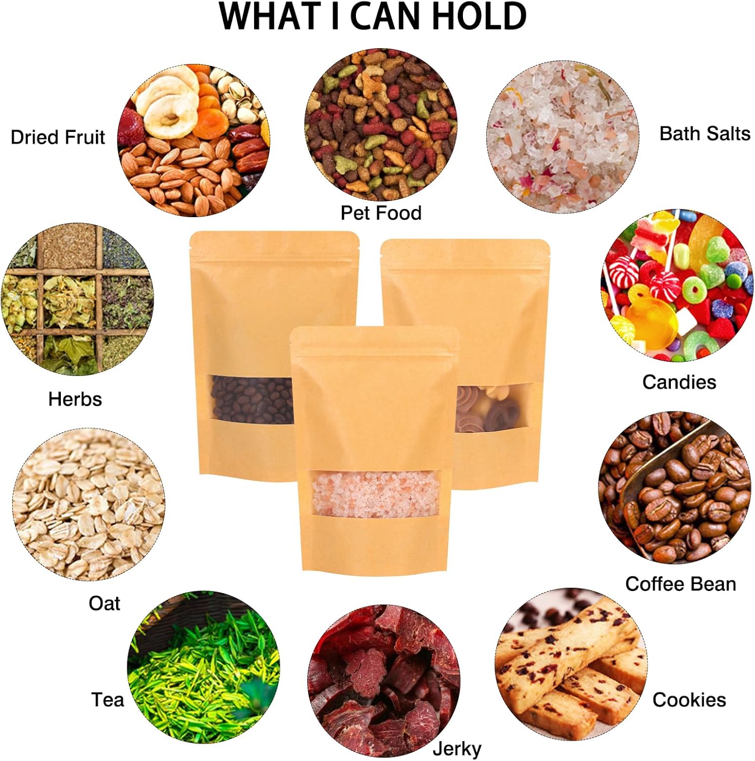 Moretoes 72pcs 5.9x8.6 Inches Kraft Paper Resealable Bags for Small Business, Stand Up Pouches, Food Packaging Bags with Window, Ziplock Coffee Pouches for Small Business