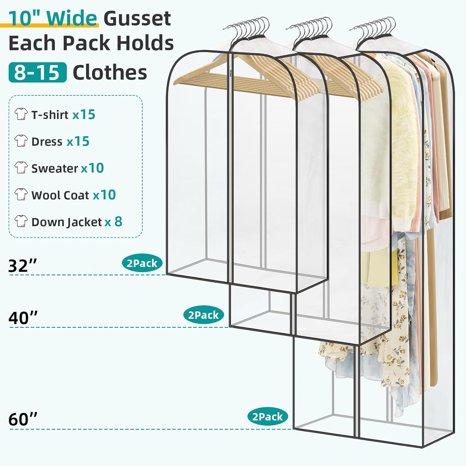 LANDNEOO 6 Pack Clear Garment Bags for Hanging Clothes with Zippers on Double Sides - 10'' Clothes Storage for Coat, Dress, and Fur in Closet - 32&40&60" Long Suit Bags
