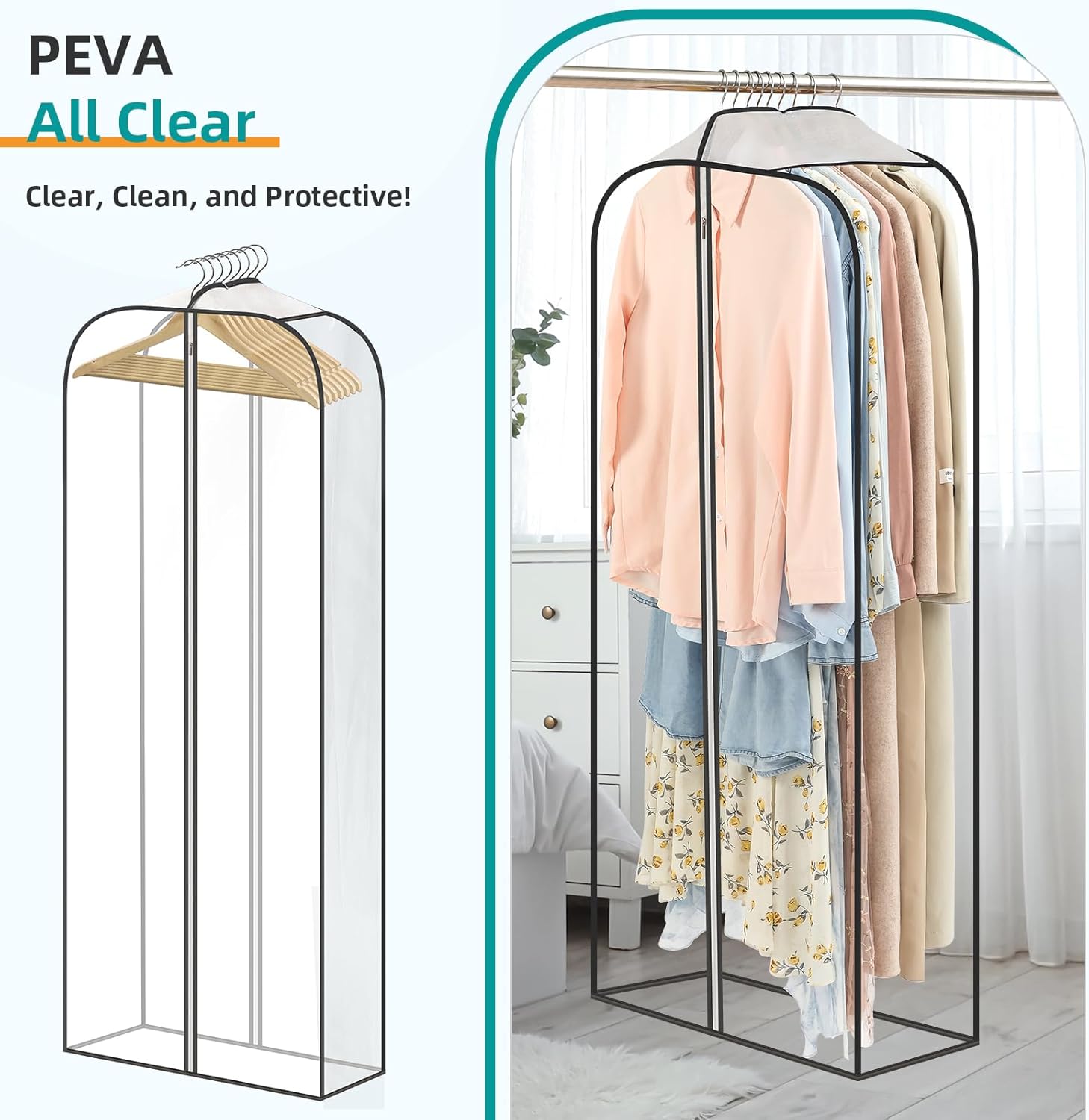 LANDNEOO 6 Pack Clear Garment Bags for Hanging Clothes with Zippers on Double Sides - 10'' Clothes Storage for Coat, Dress, and Fur in Closet - 32&40&60" Long Suit Bags