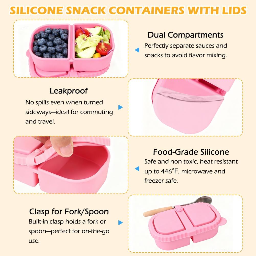 YQL 4 Pack Silicone Snack Containers with Leakproof Lids, Double-Compartment Bento Boxes for Kids & Adults, Reusable Food Storage for Snacks, Sauces, Lunch, Travel, and Meal Prep