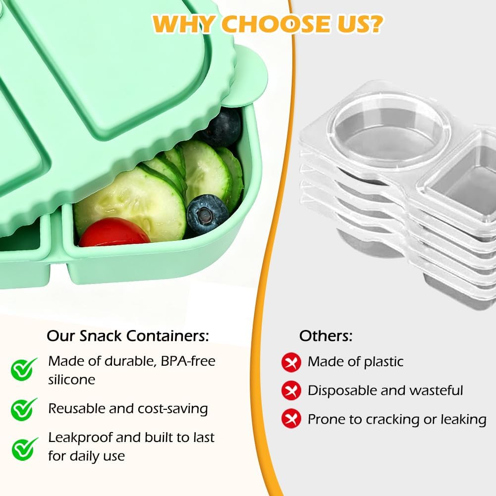 YQL 4 Pack Silicone Snack Containers with Leakproof Lids, Double-Compartment Bento Boxes for Kids & Adults, Reusable Food Storage for Snacks, Sauces, Lunch, Travel, and Meal Prep