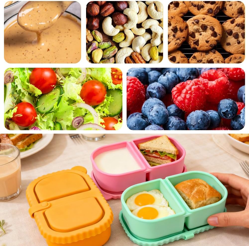 YQL 4 Pack Silicone Snack Containers with Leakproof Lids, Double-Compartment Bento Boxes for Kids & Adults, Reusable Food Storage for Snacks, Sauces, Lunch, Travel, and Meal Prep